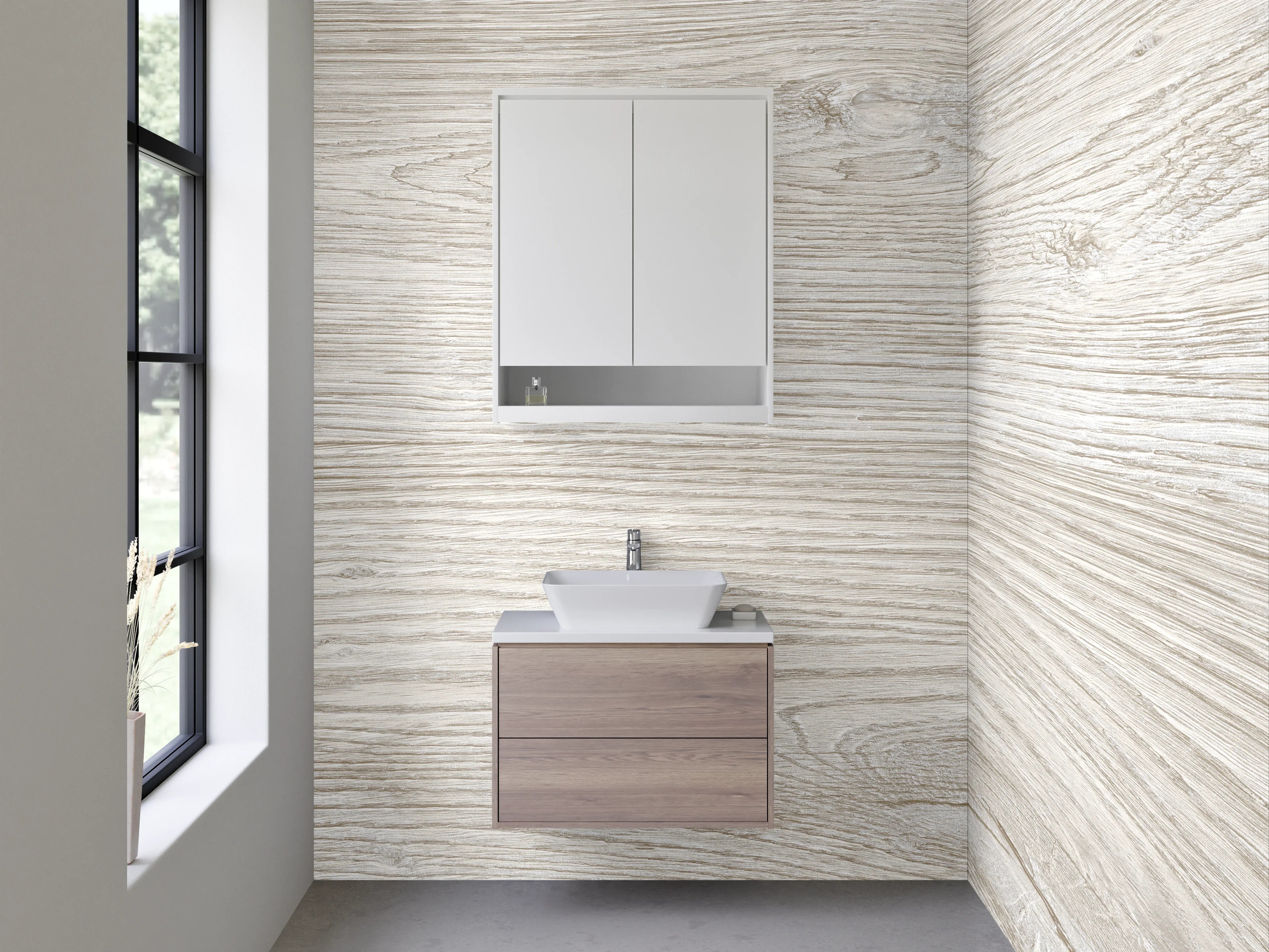 Waschbecken-Rückwand - Helle Holzstruktur in Beige und Grau