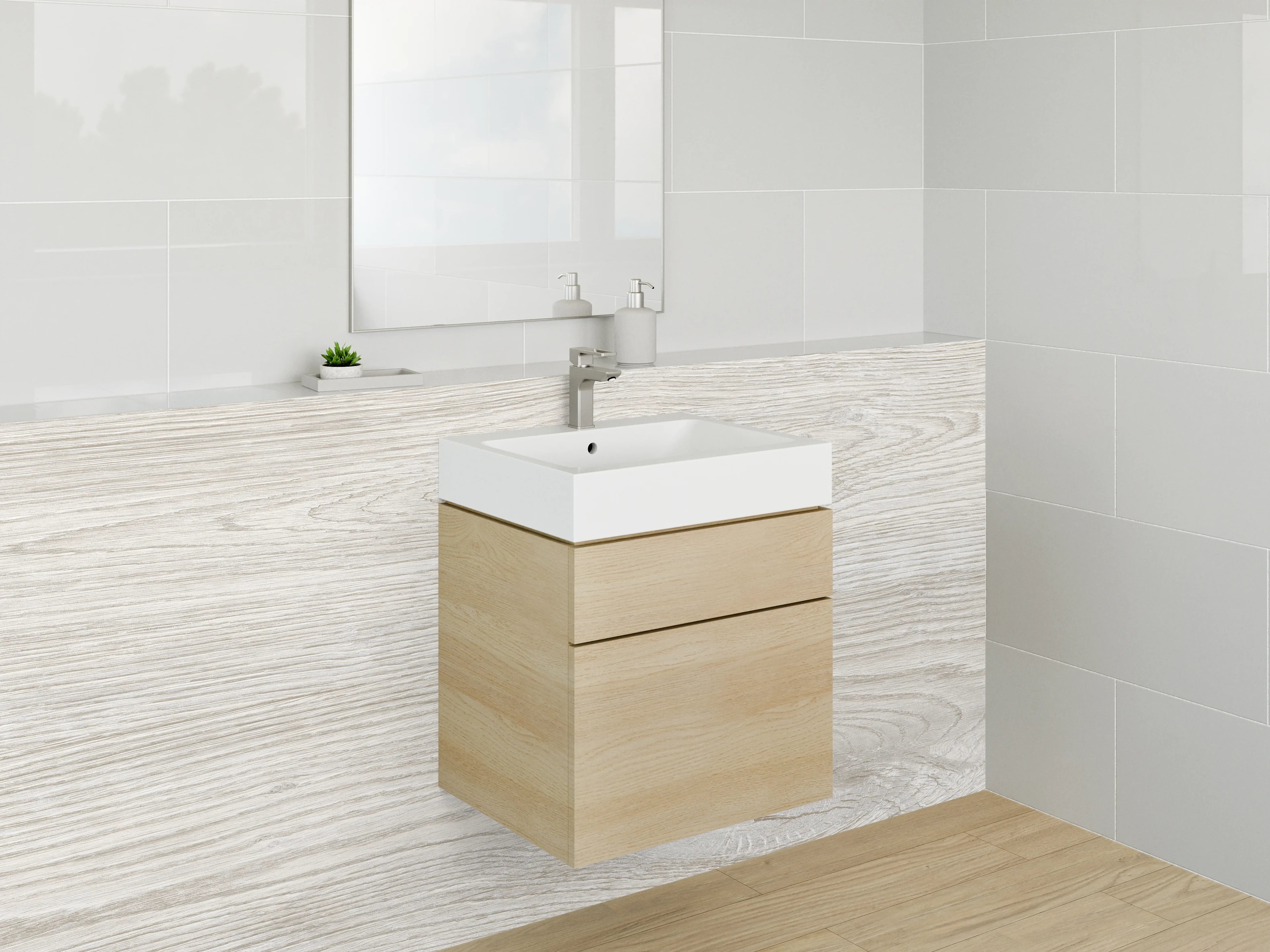 Waschbecken-Rückwand - Helle Holzstruktur in Beige und Grau