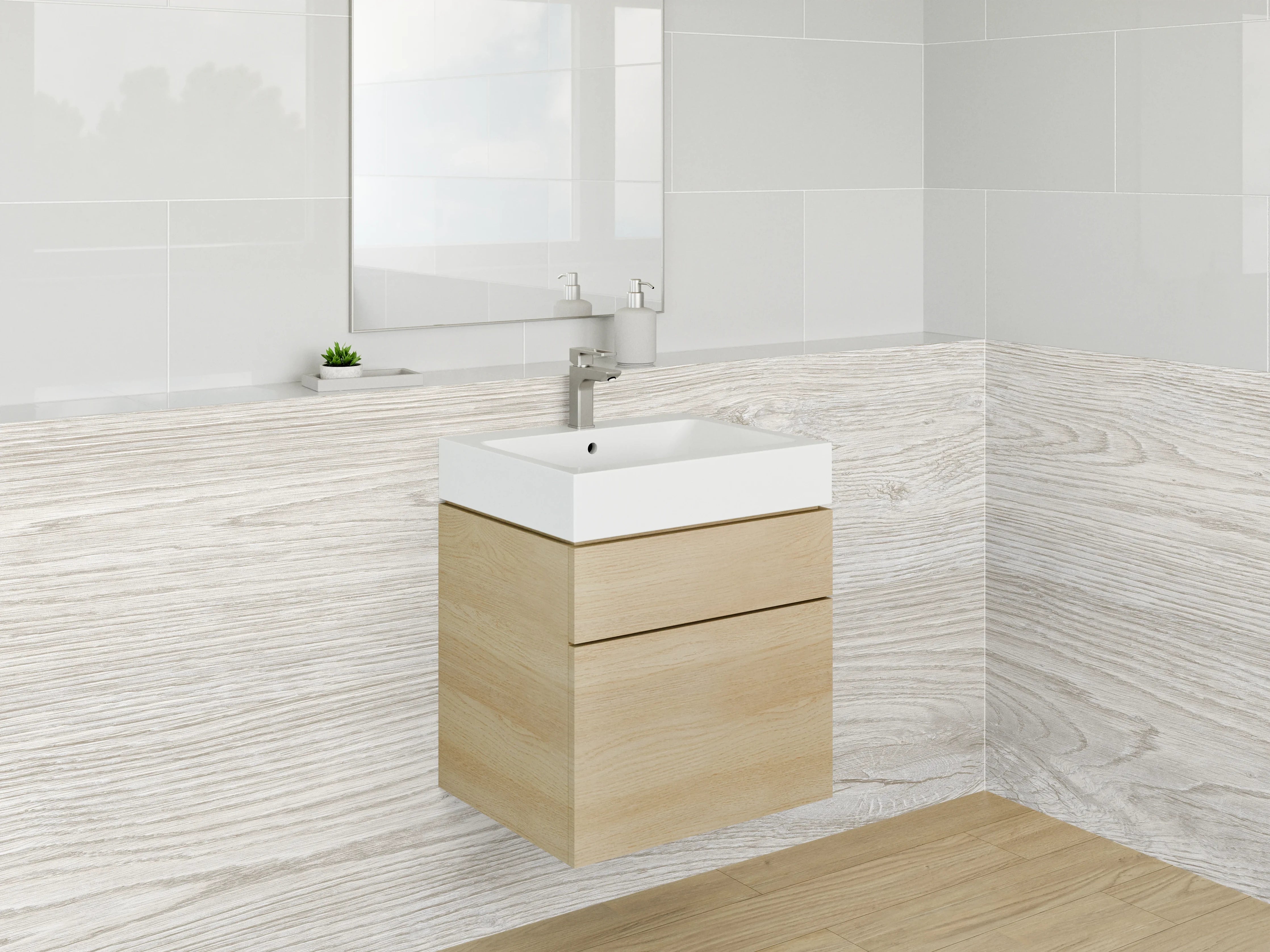 Waschbecken-Rückwand - Helle Holzstruktur in Beige und Grau
