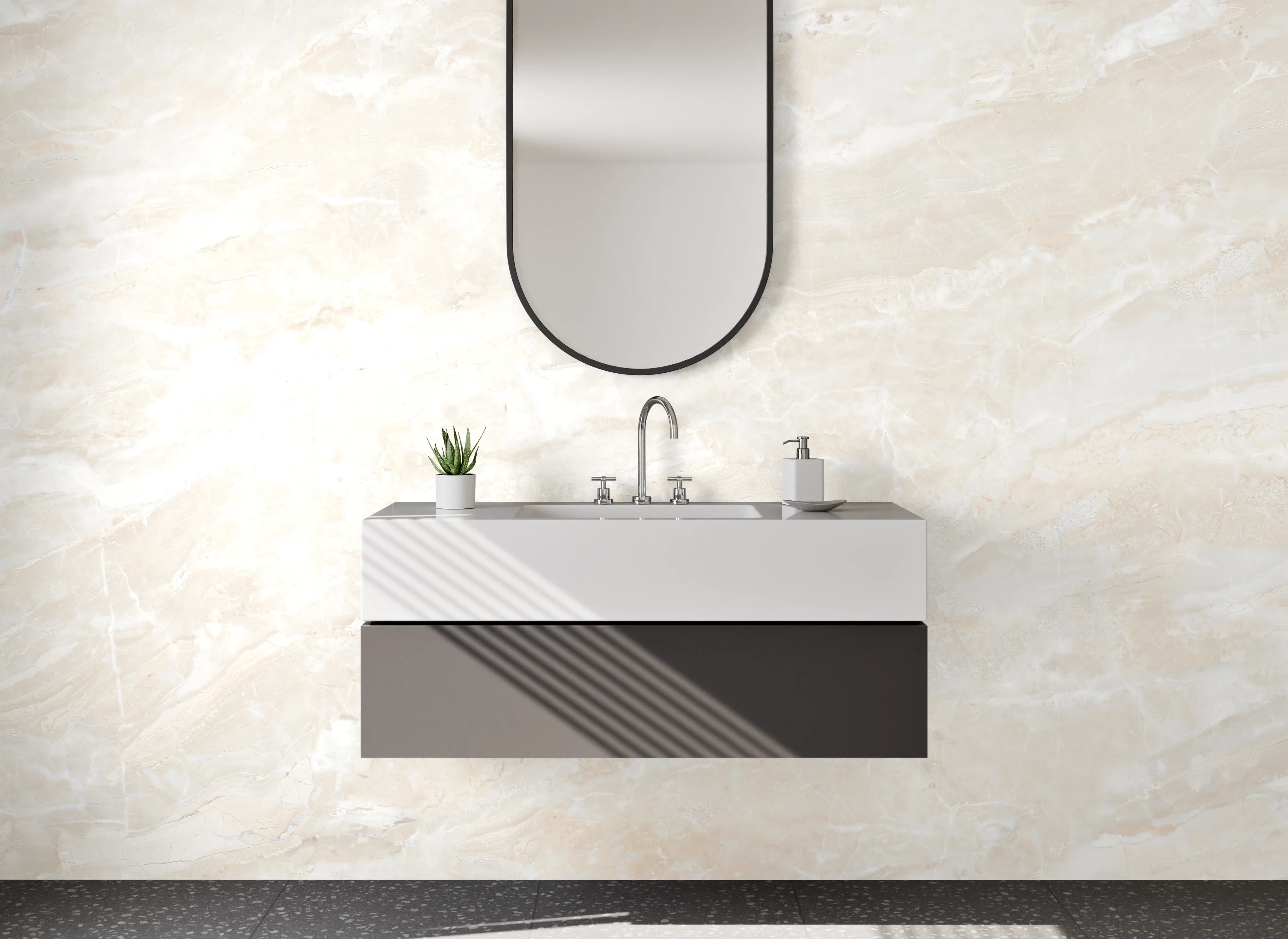 Waschbecken-Rückwand - Helle Marmoroptik Weiß Beige Grau