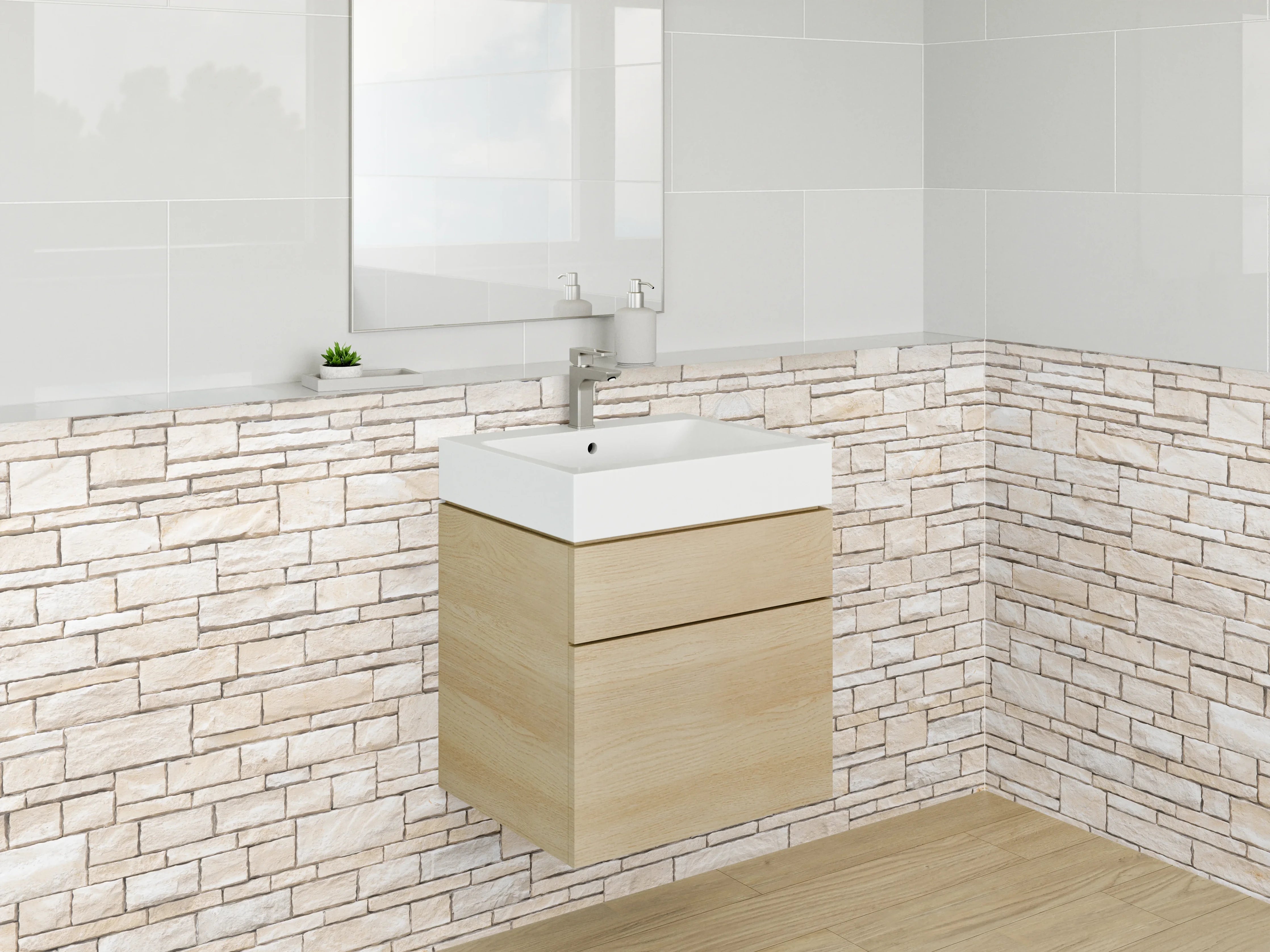 Waschbecken-Rückwand - Helle Steinmauer für moderne Rückwände
