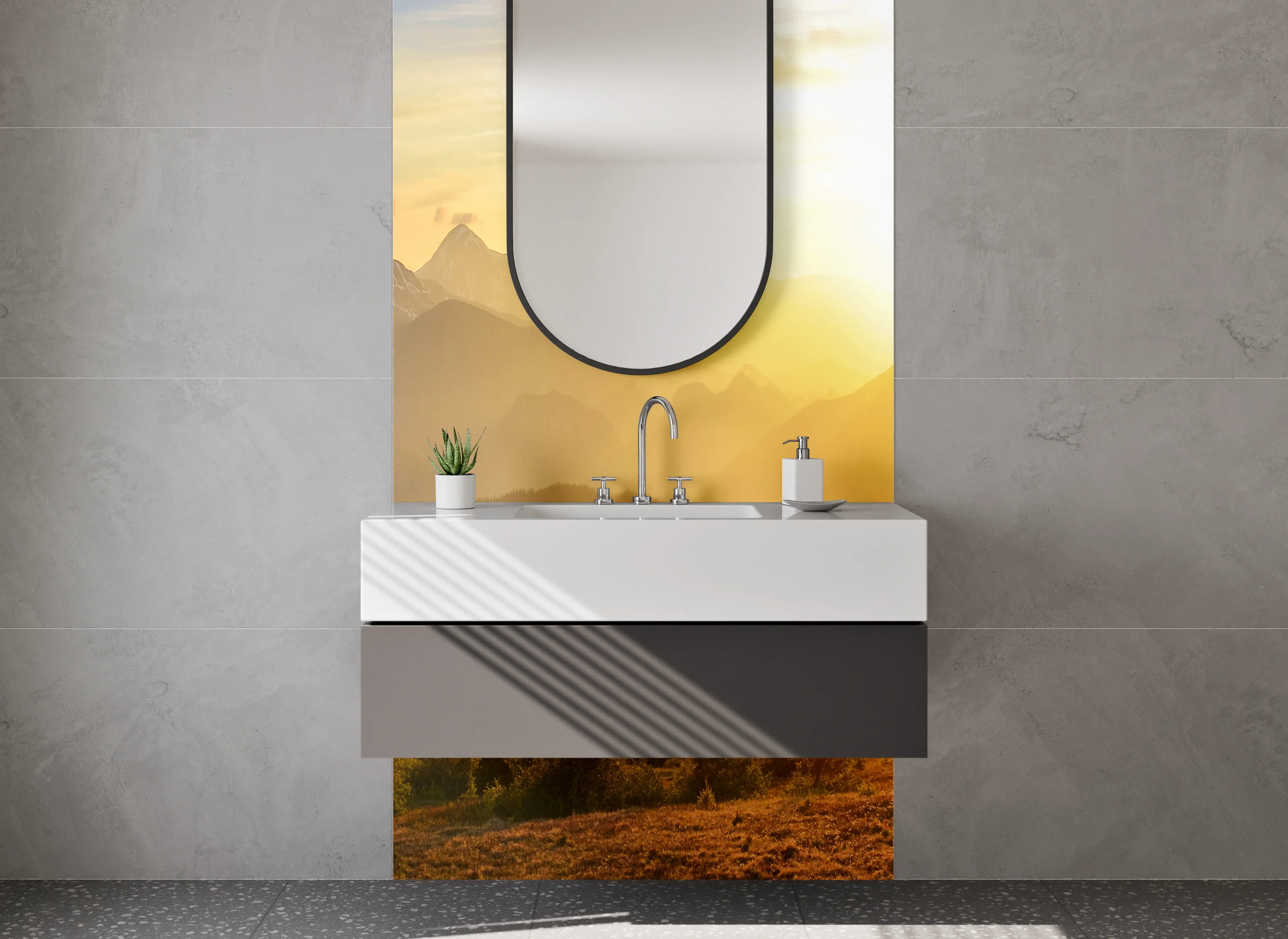 Waschbecken-Rückwand - Helle Wand in sanften Graunuancen