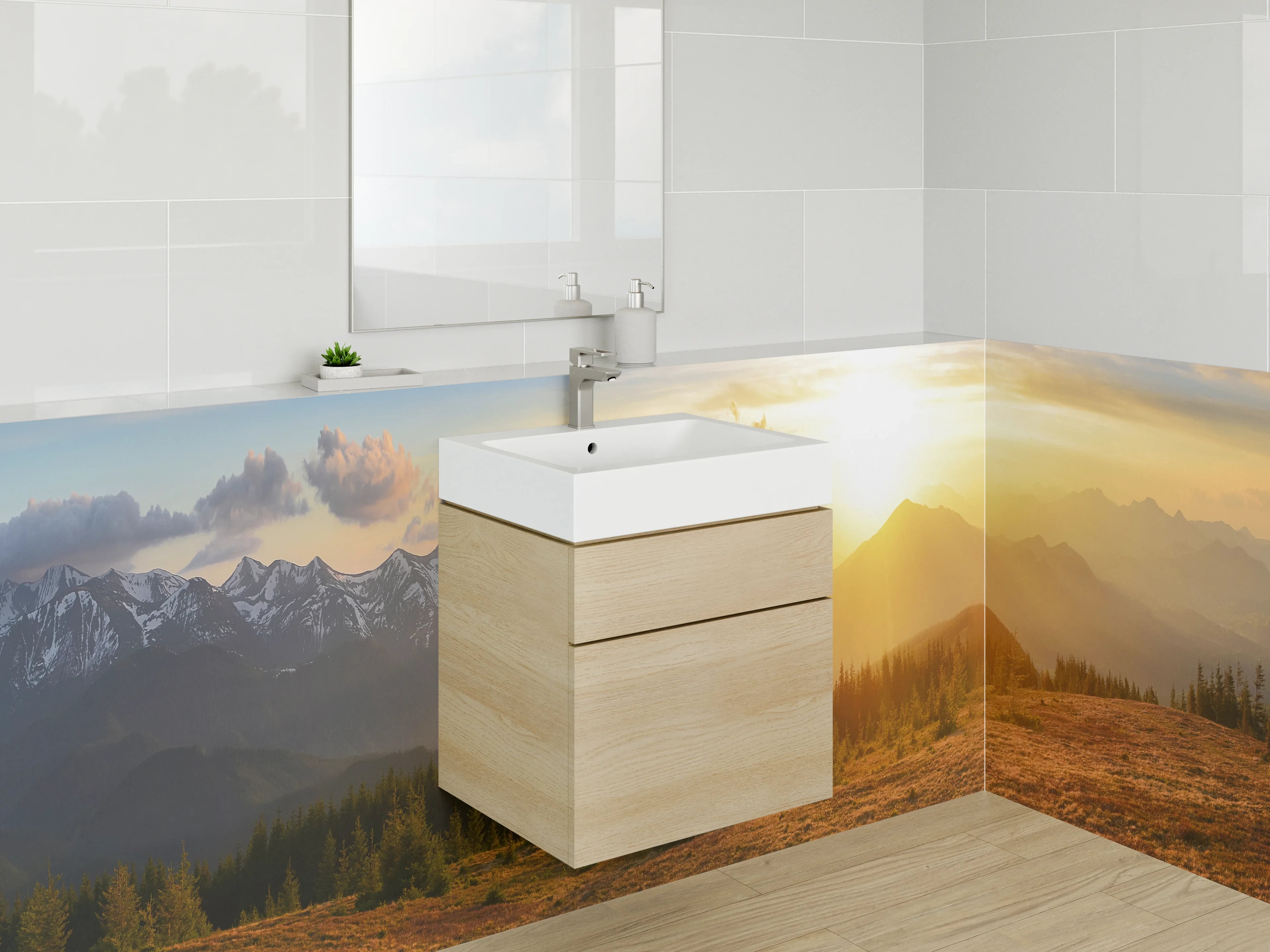 Waschbecken-Rückwand - Helle Wand in sanften Graunuancen