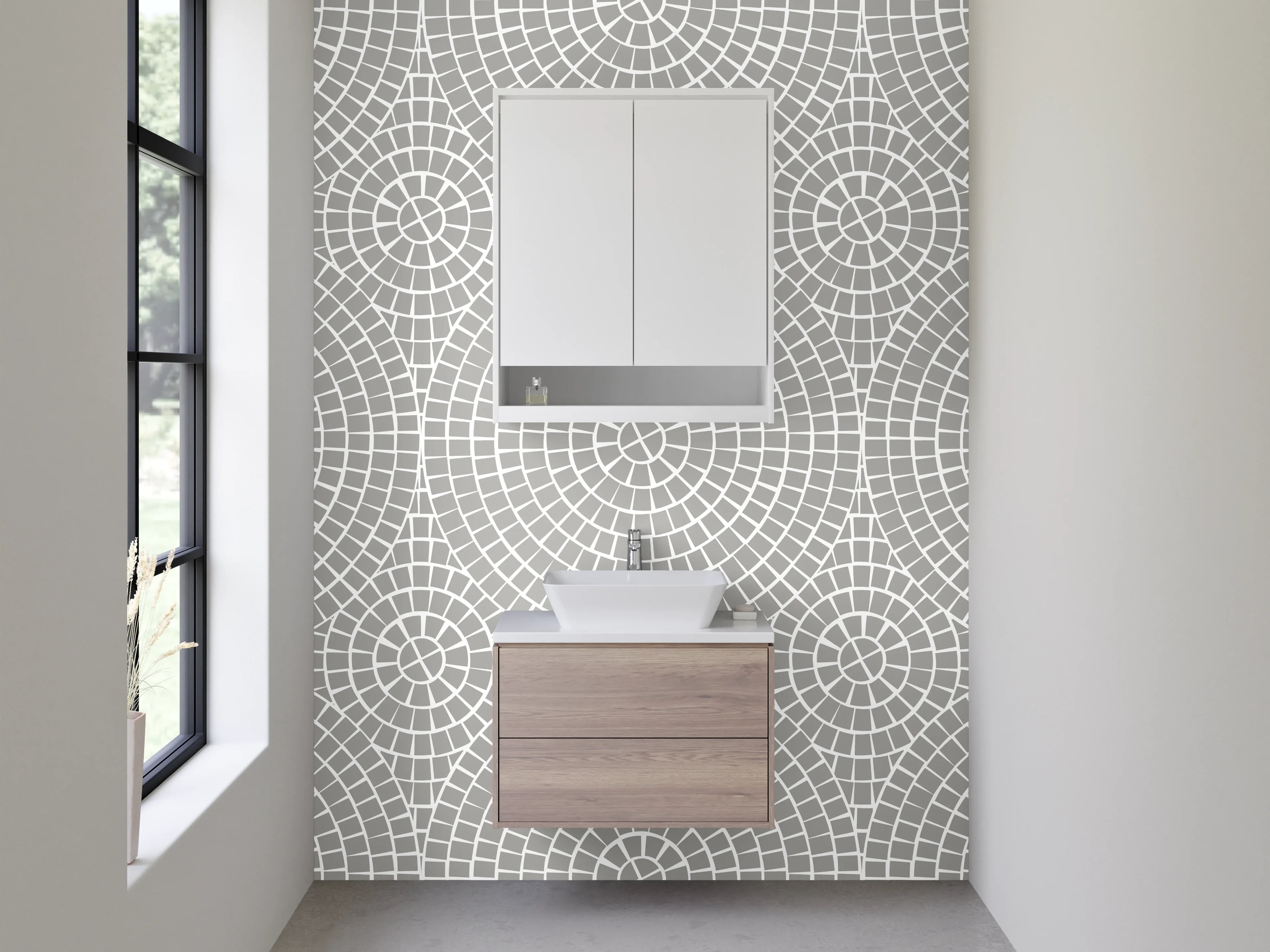 Waschbecken-Rückwand - Helle geometrische Musterwand mit Kreisen und Linien