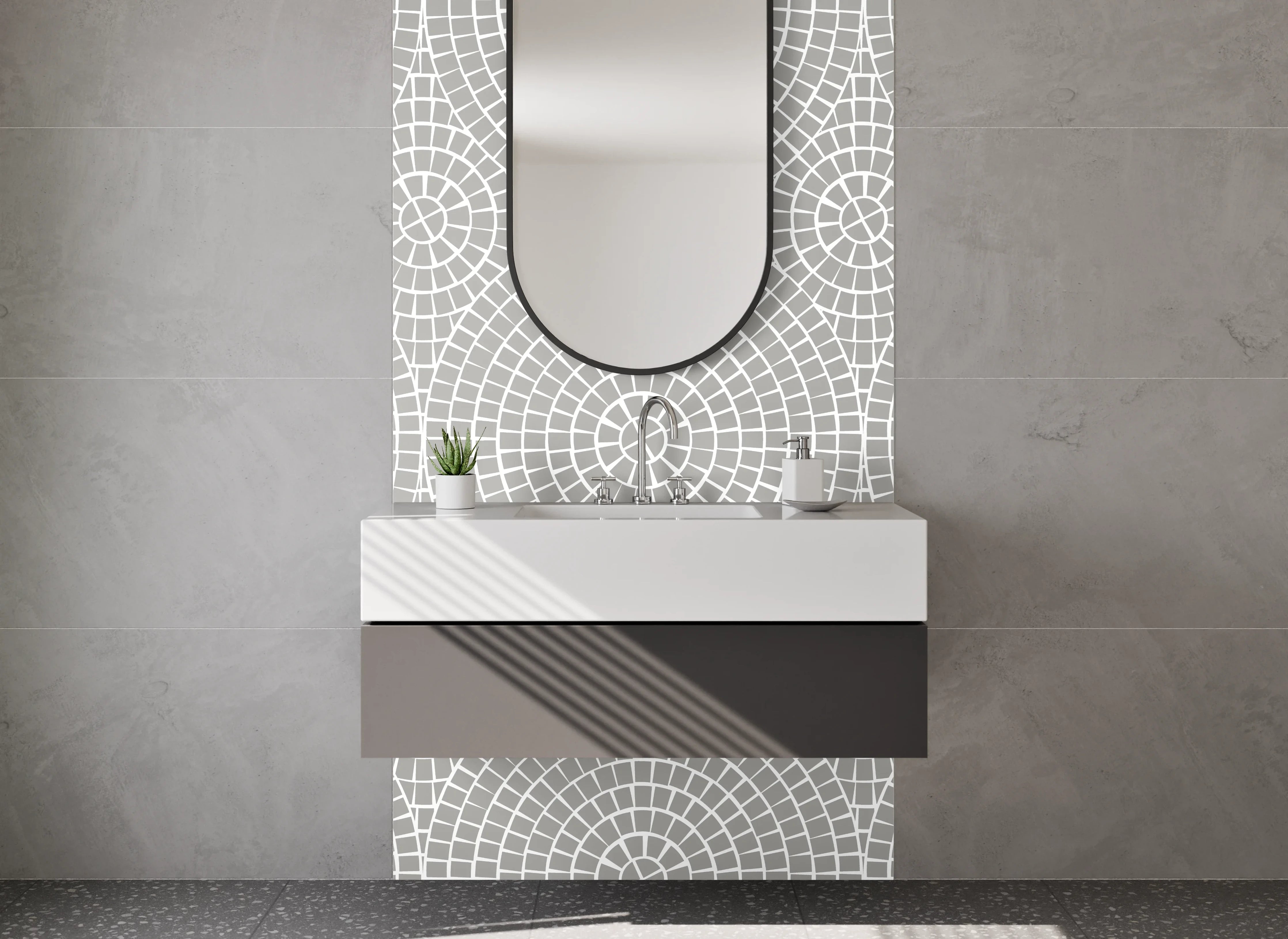 Waschbecken-Rückwand - Helle geometrische Musterwand mit Kreisen und Linien