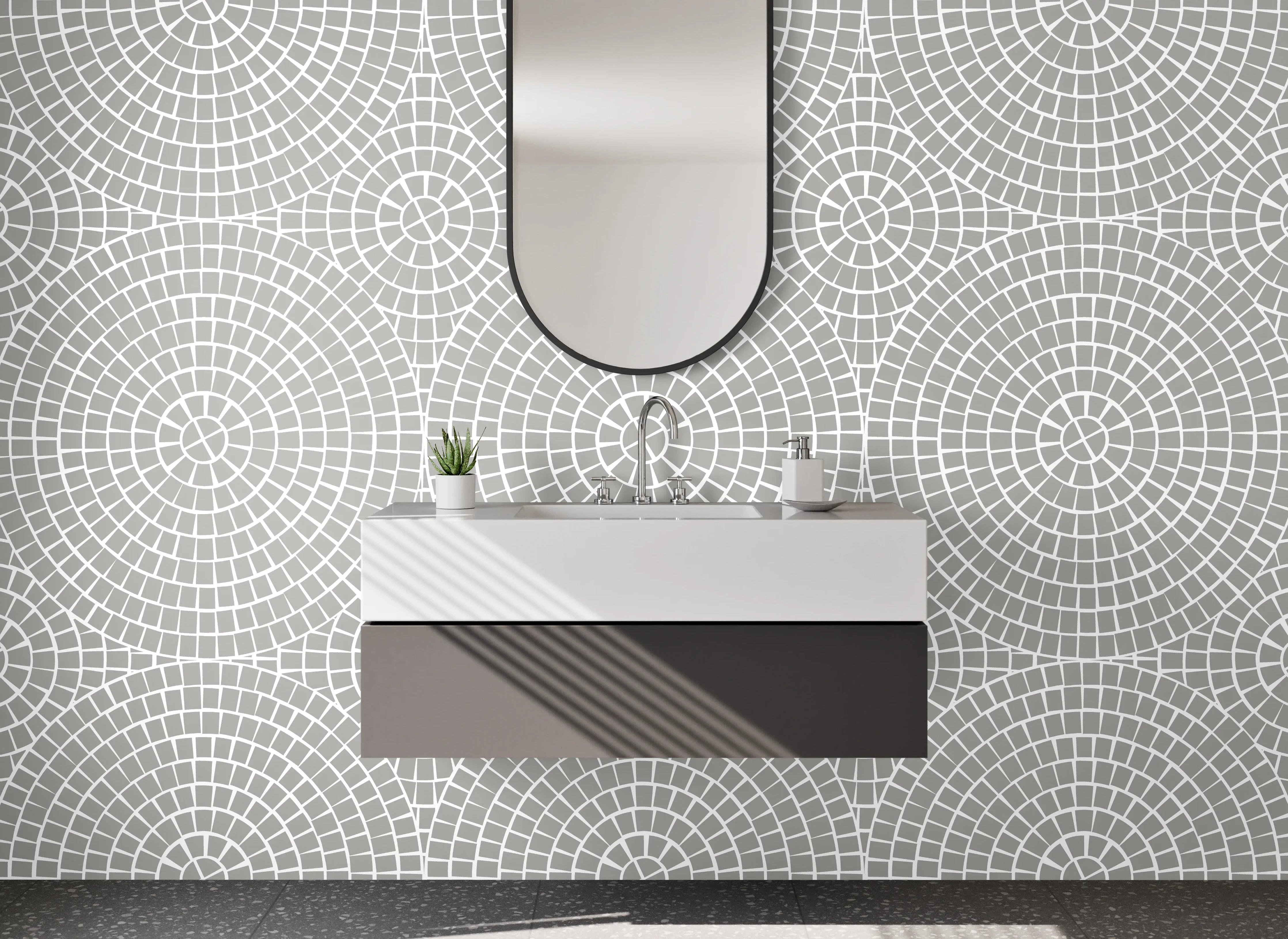 Waschbecken-Rückwand - Helle geometrische Musterwand mit Kreisen und Linien