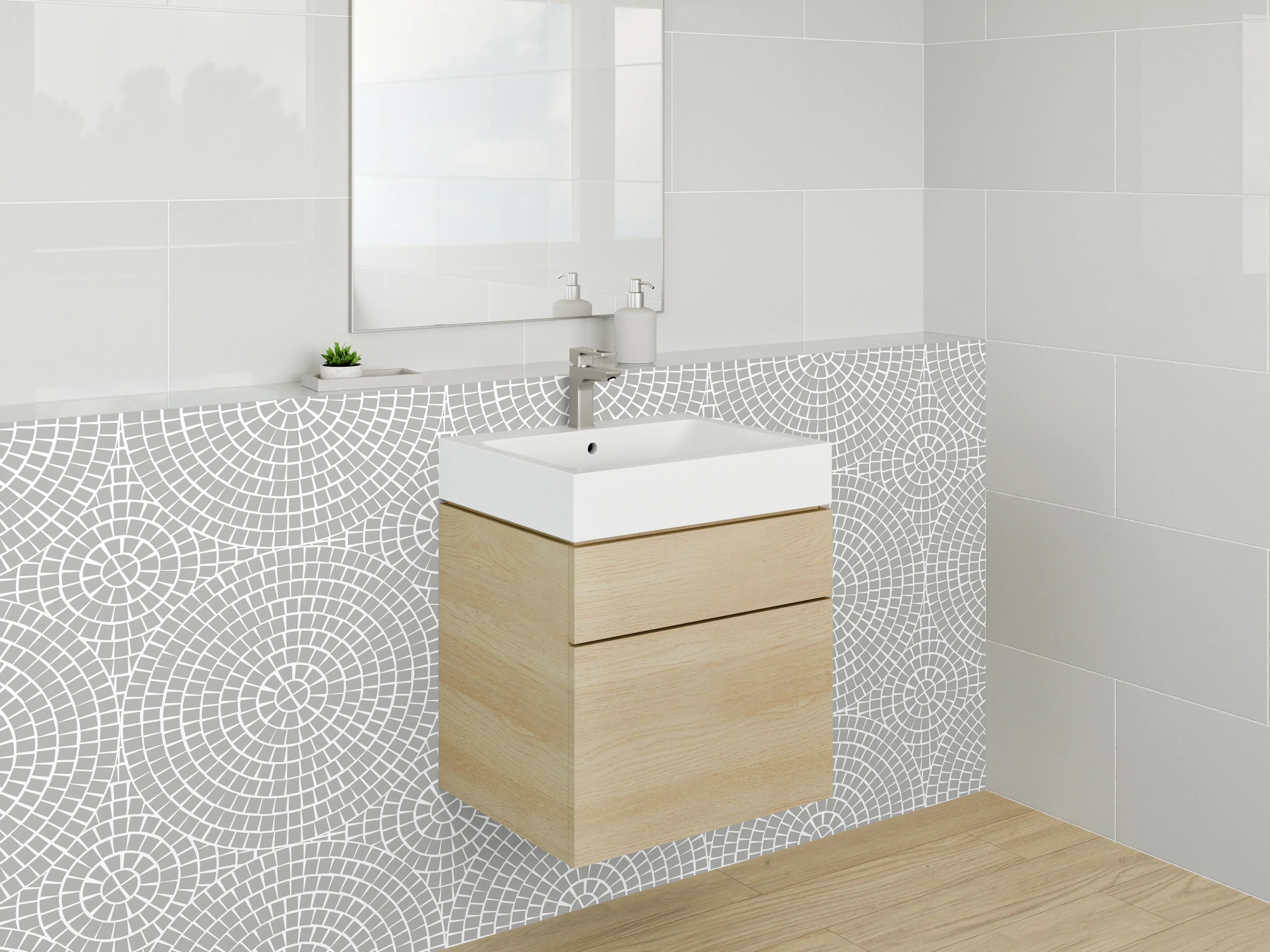 Waschbecken-Rückwand - Helle geometrische Musterwand mit Kreisen und Linien