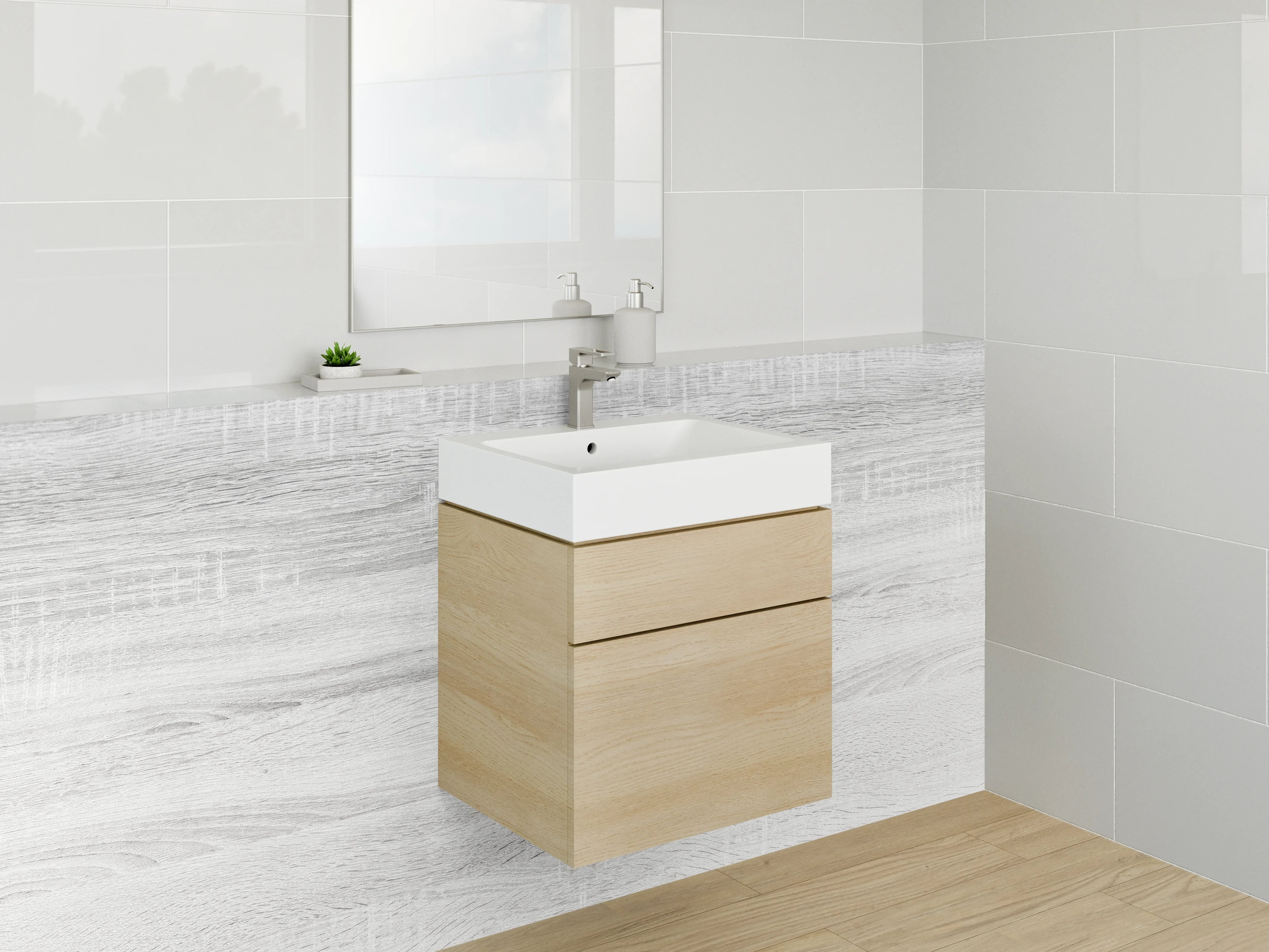 Waschbecken-Rückwand - Helle, weiße Holzoptik Wand mit grauen Akzenten
