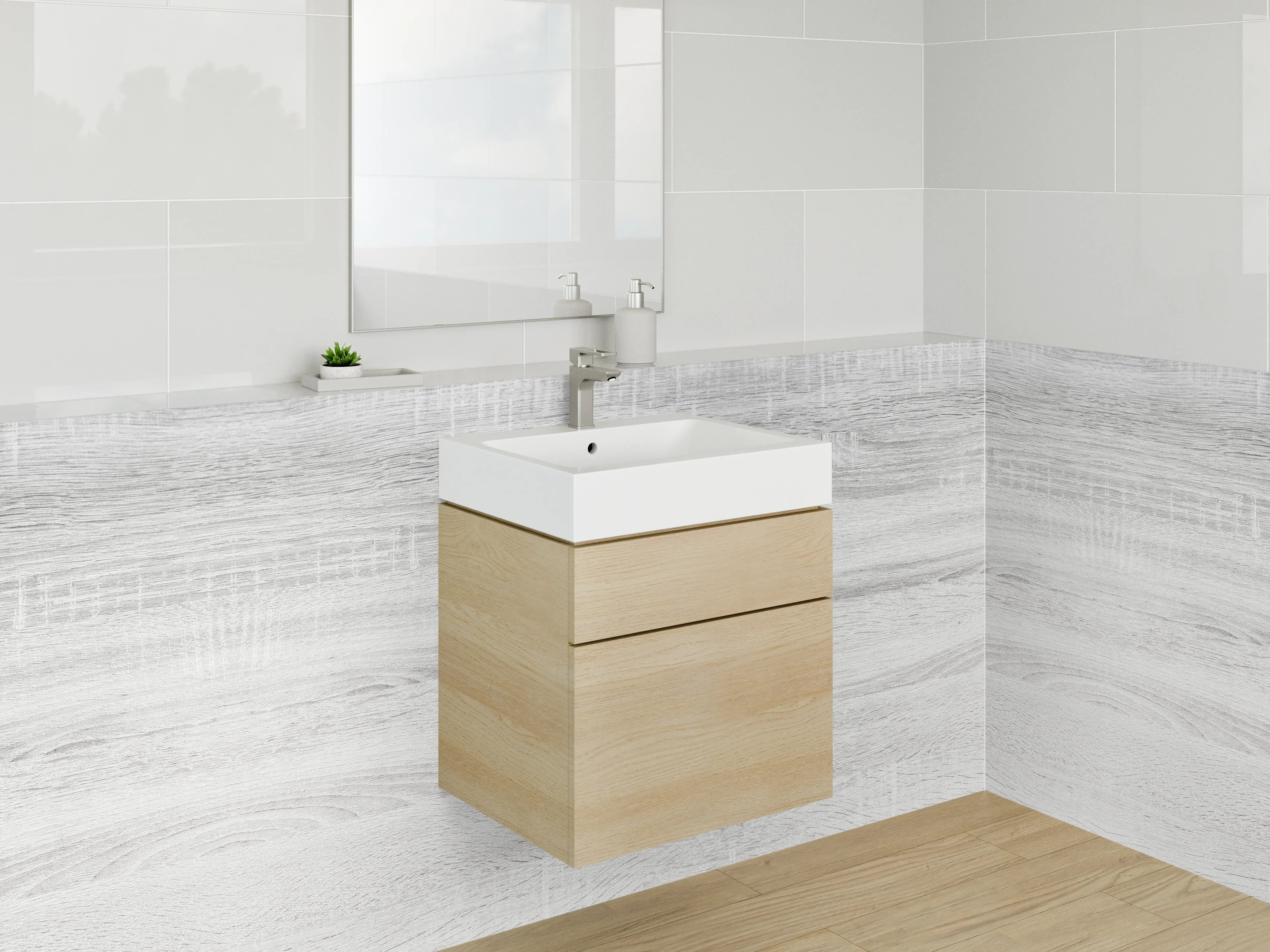Waschbecken-Rückwand - Helle, weiße Holzoptik Wand mit grauen Akzenten