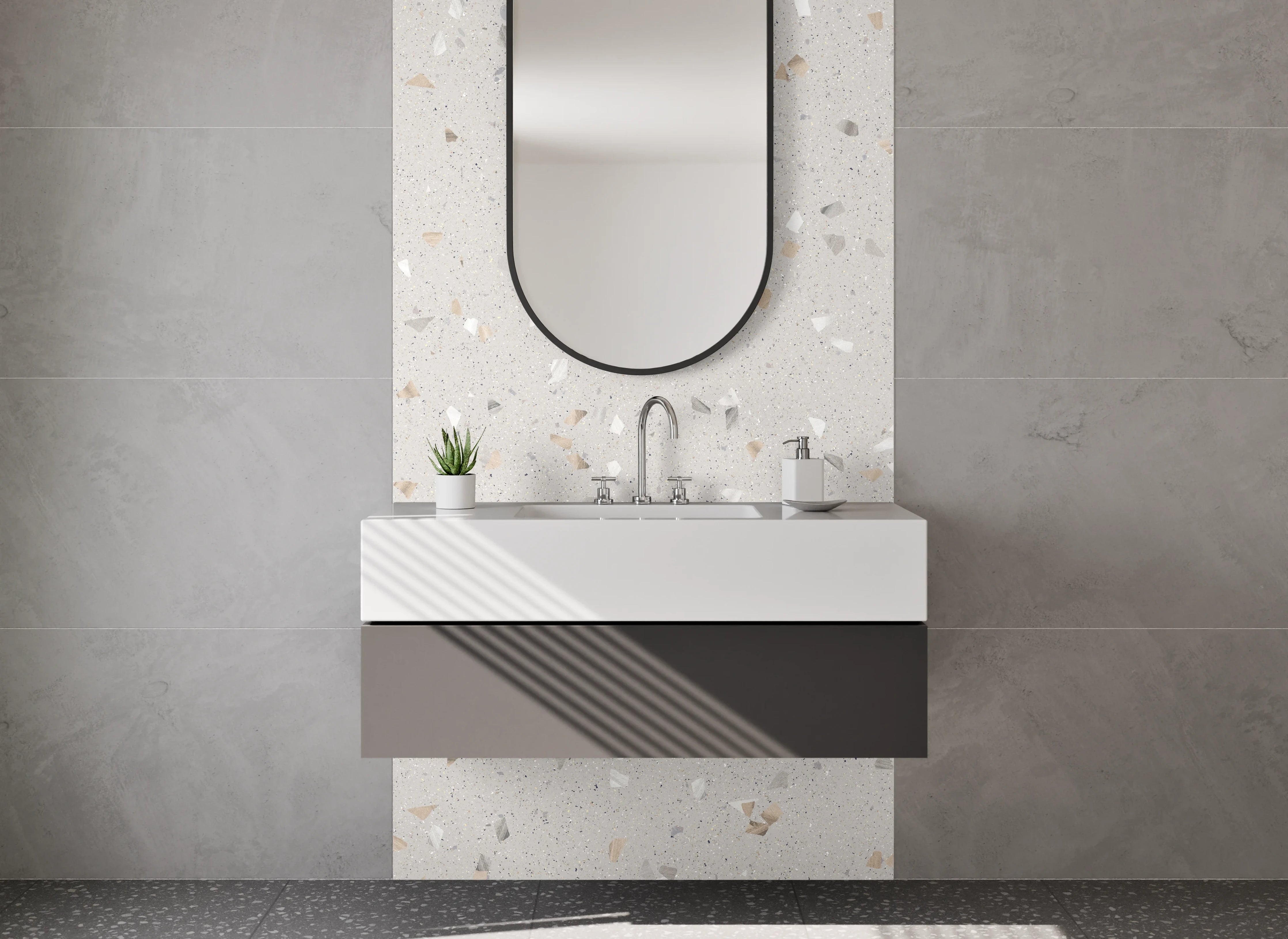 Waschbecken-Rückwand - Heller Terrazzo-Look mit weißen Sprenkeln