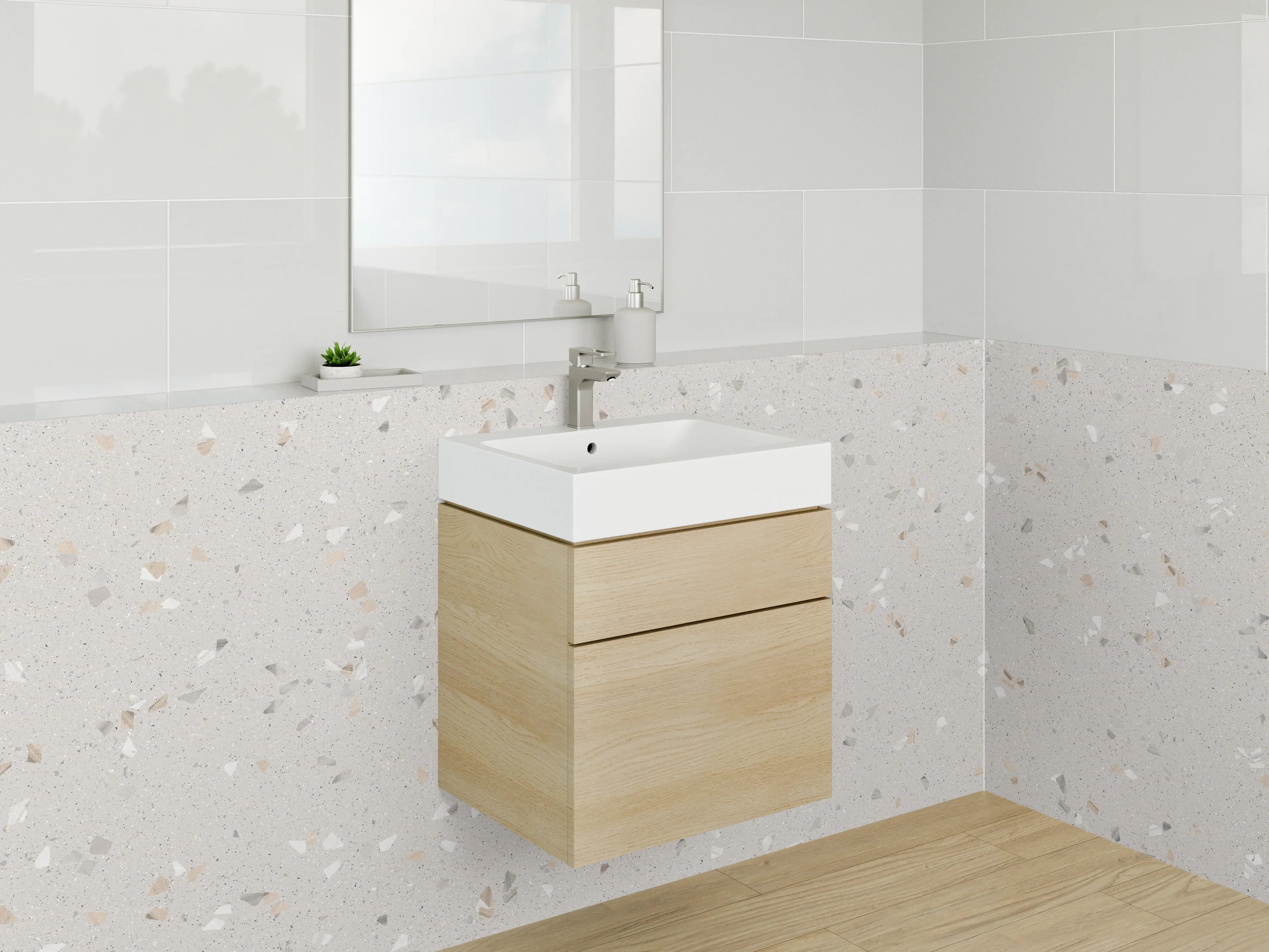 Waschbecken-Rückwand - Heller Terrazzo-Look mit weißen Sprenkeln