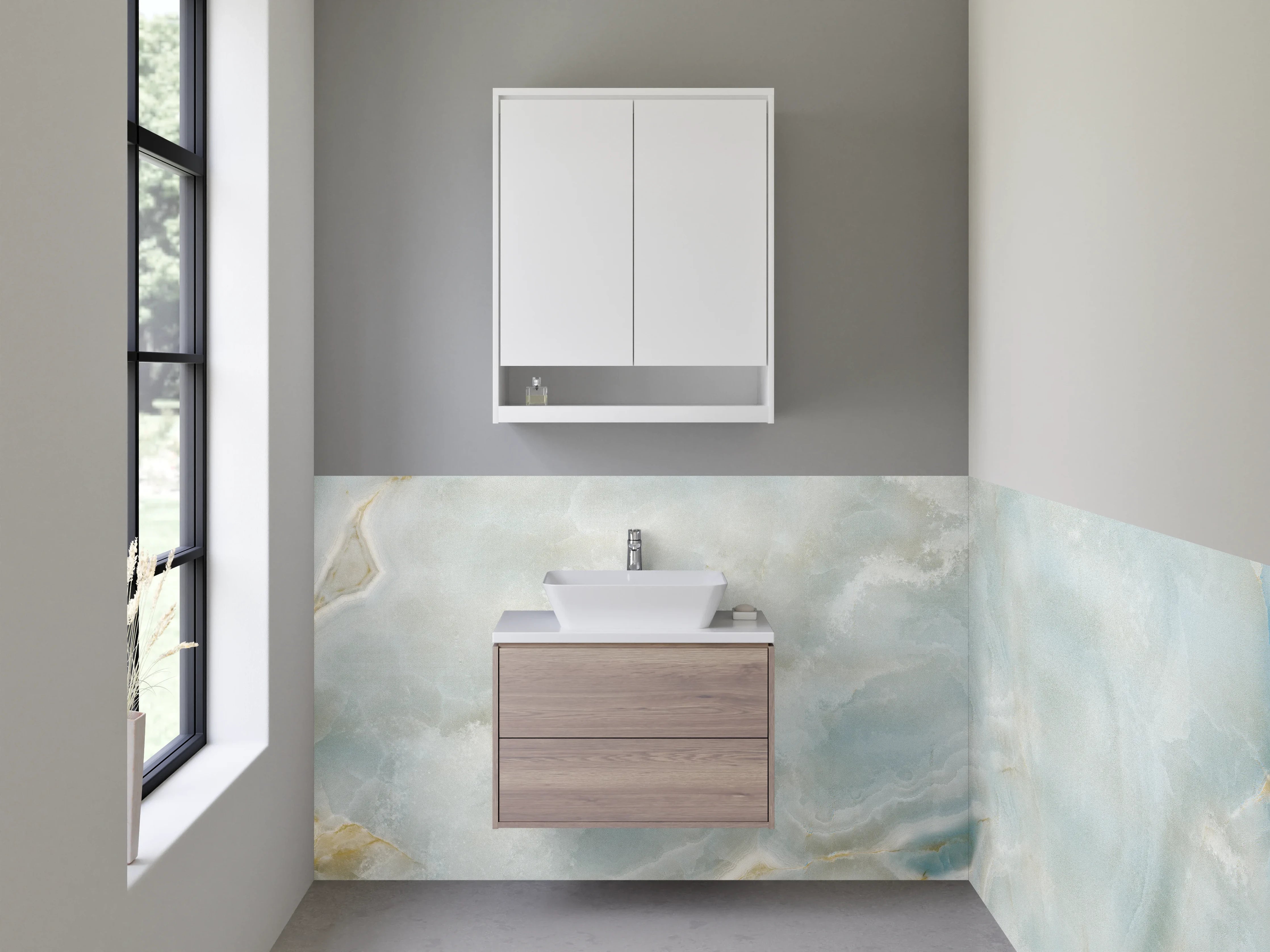 Waschbecken-Rückwand - Heller blauer Marmor mit weißen Strukturen