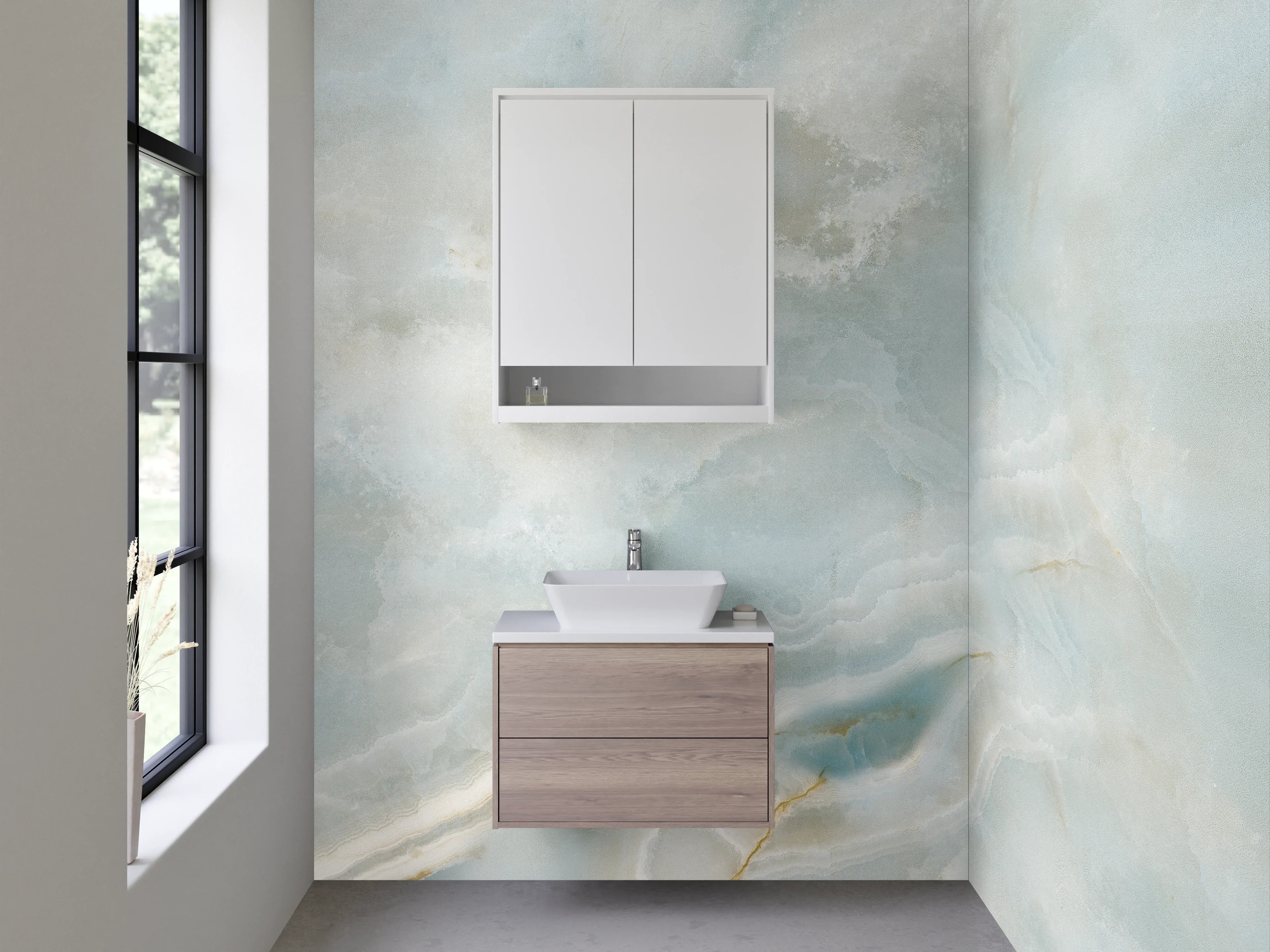 Waschbecken-Rückwand - Heller blauer Marmor mit weißen Strukturen