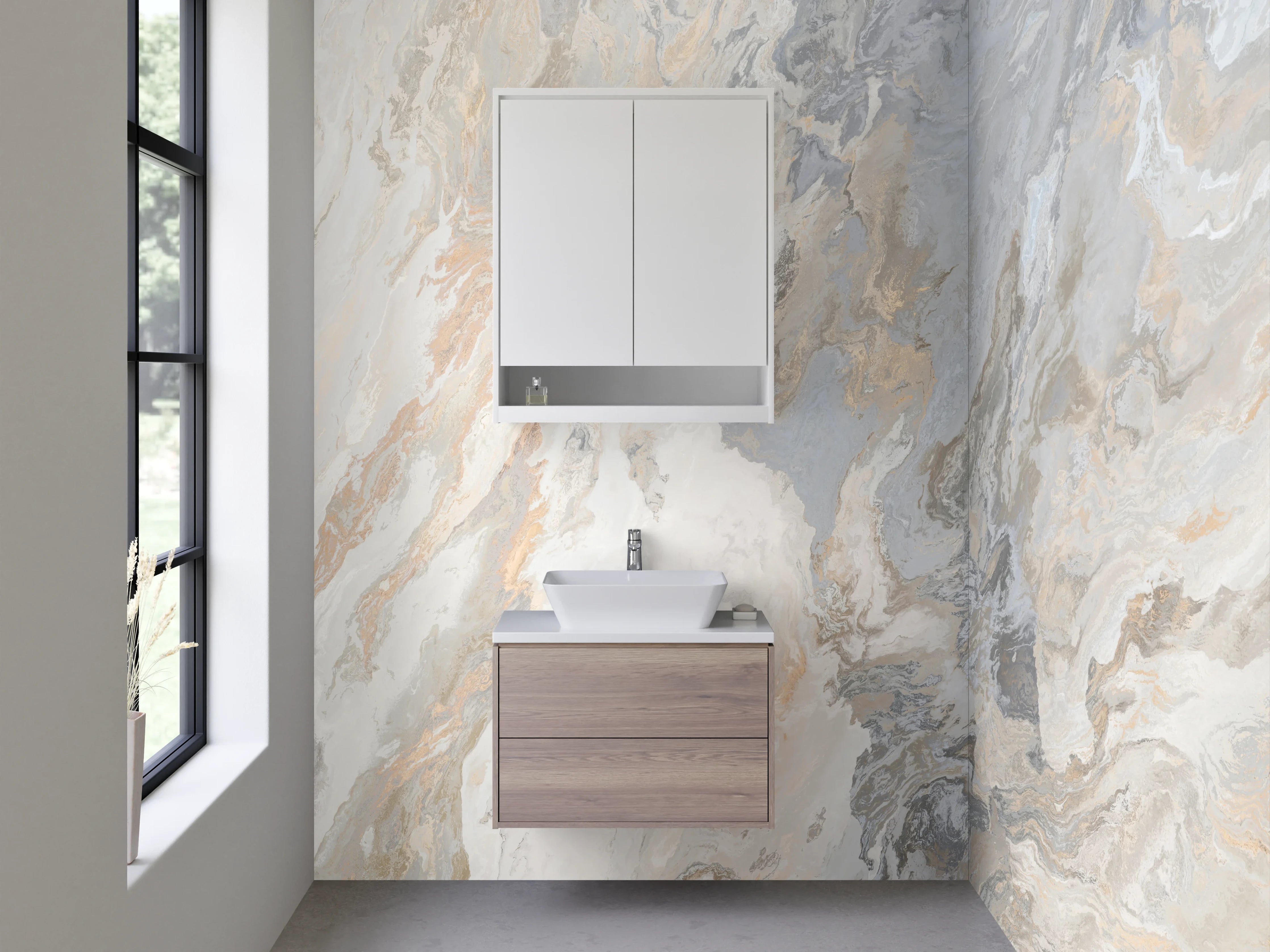 Waschbecken-Rückwand - Helles Marmor Design in Weiß-Grau