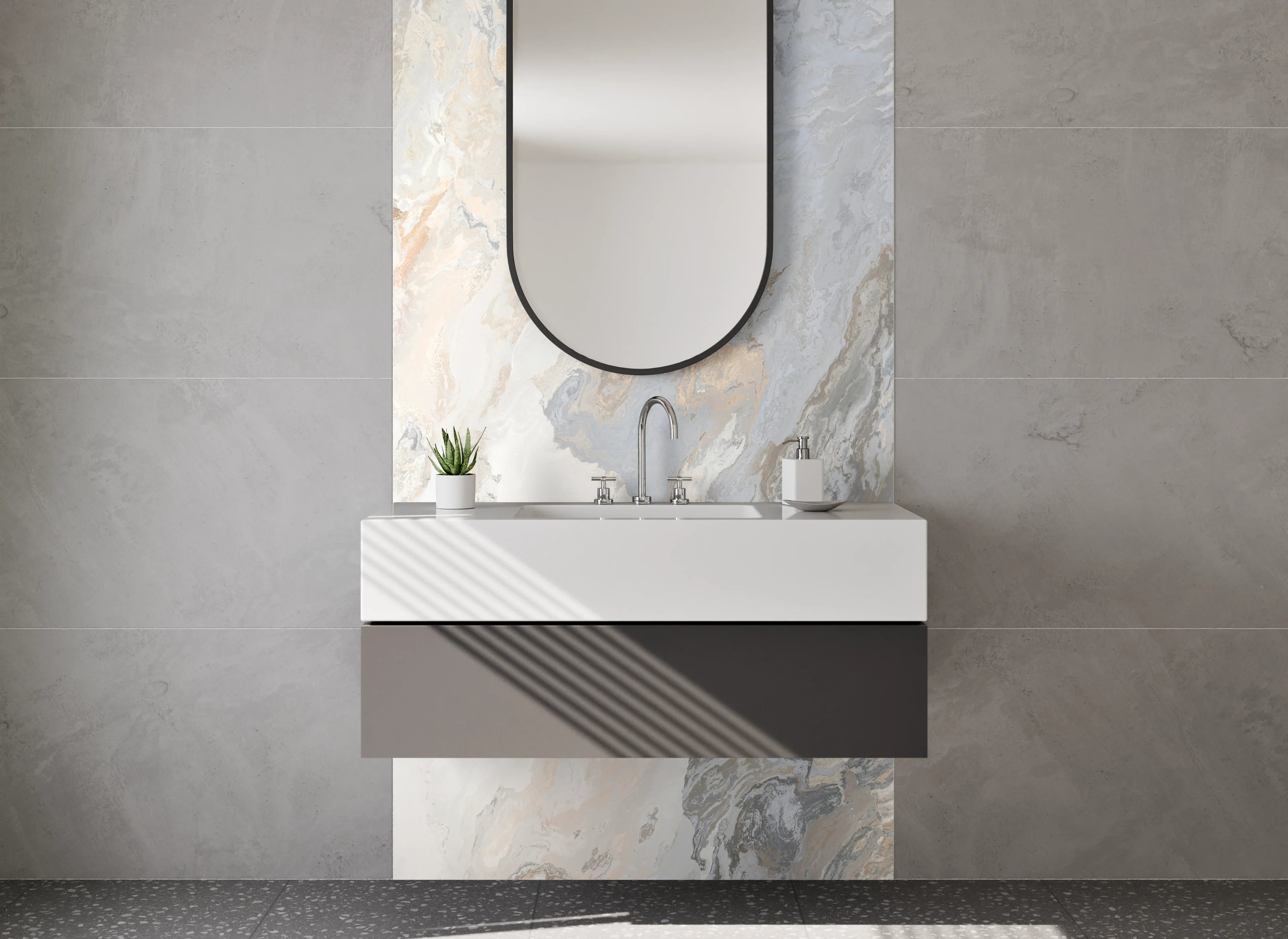 Waschbecken-Rückwand - Helles Marmor Design in Weiß-Grau