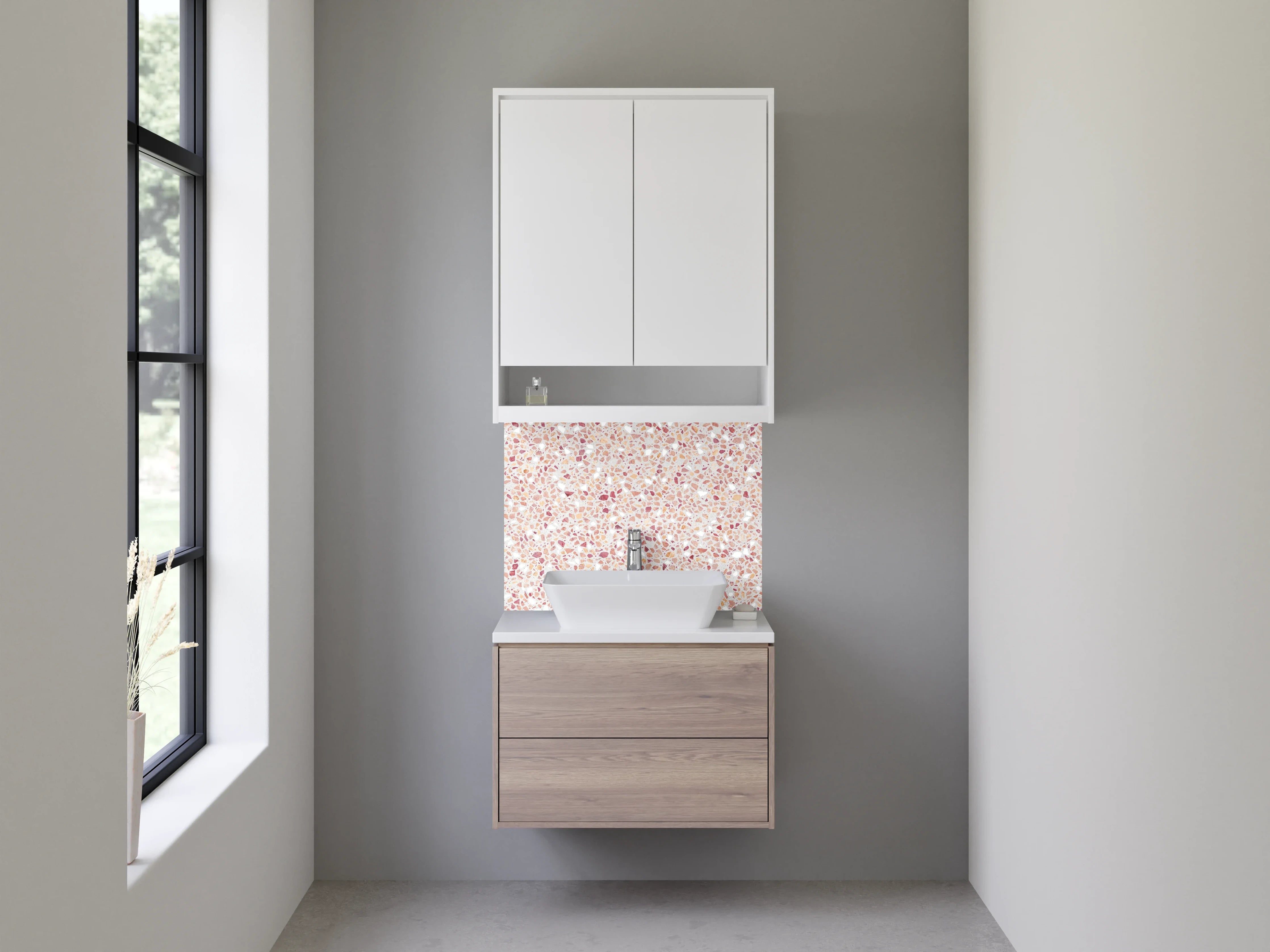 Waschbecken-Rückwand - Helles Mosaikmuster in Rosa und Sandfarben