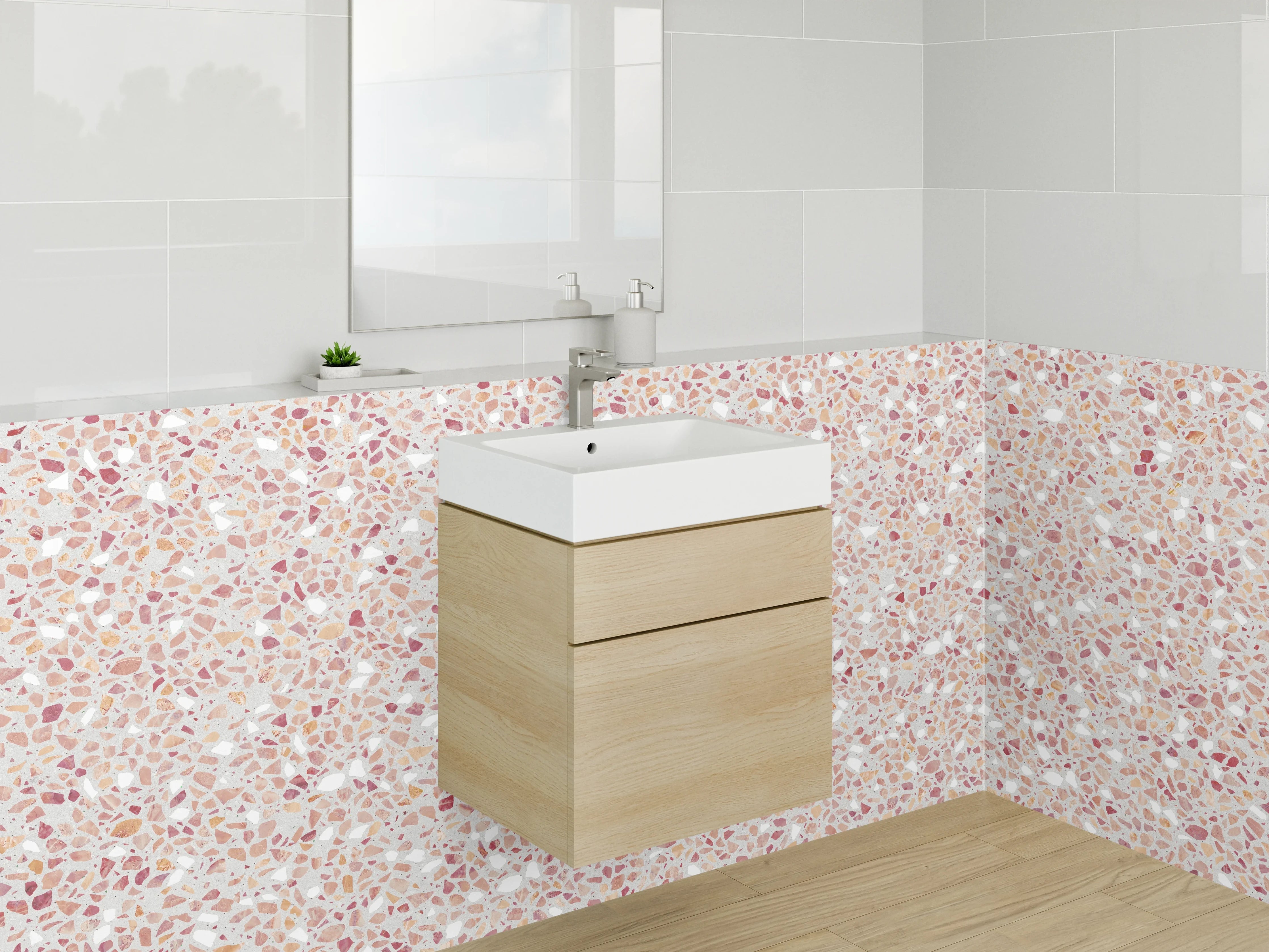 Waschbecken-Rückwand - Helles Mosaikmuster in Rosa und Sandfarben