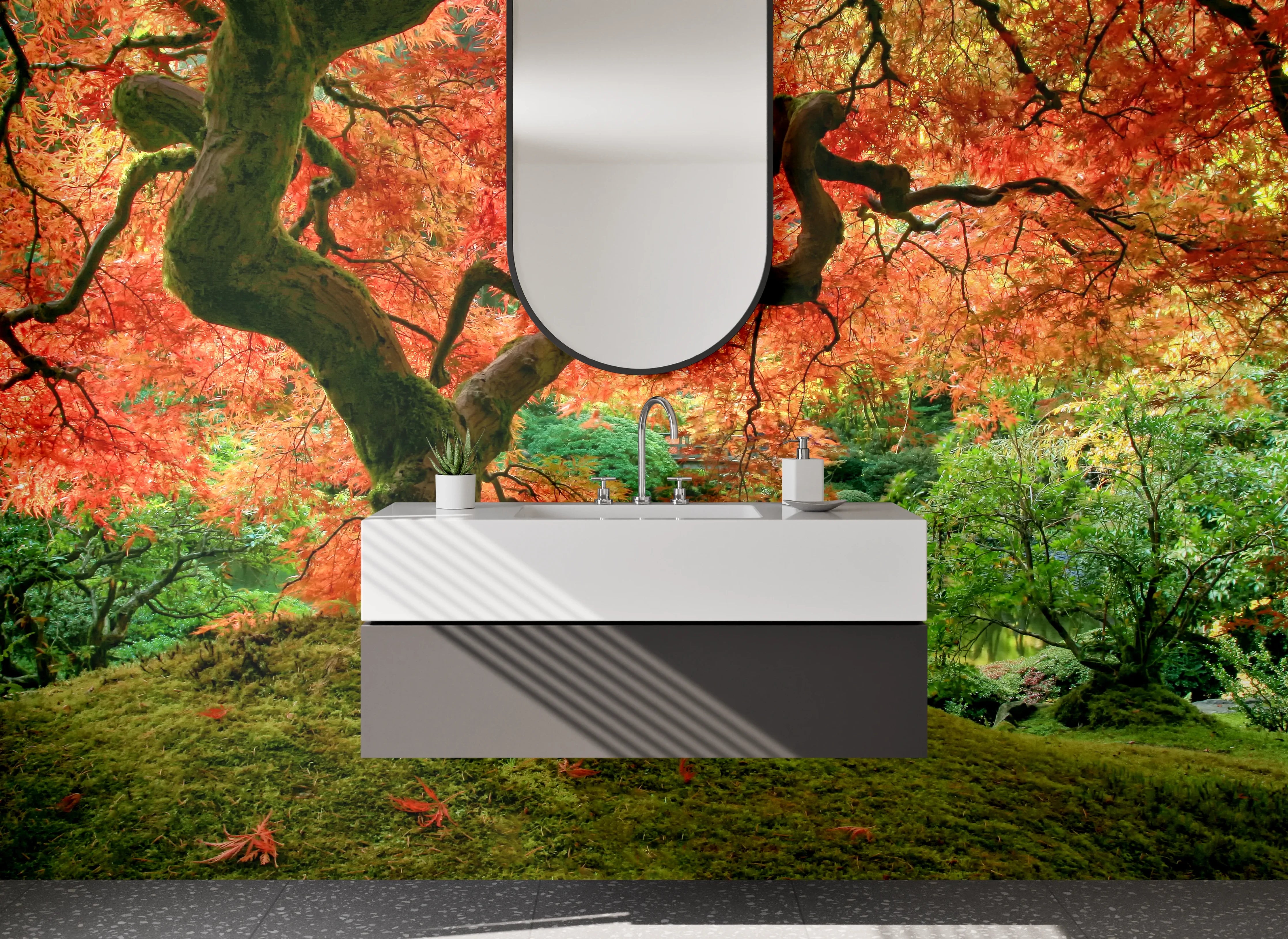 Waschbecken-Rückwand - Herbstgrau am weißen Ahorn
