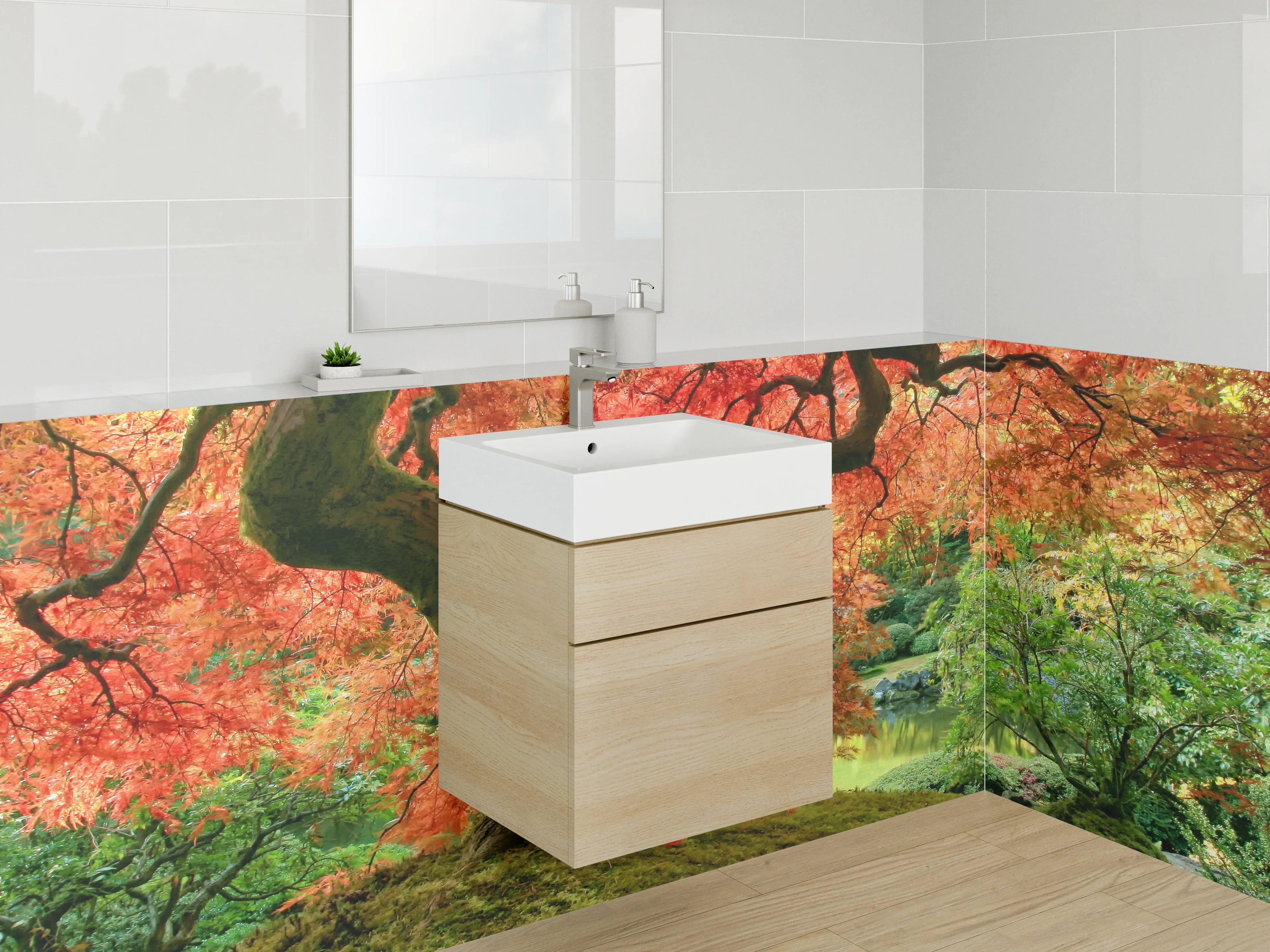 Waschbecken-Rückwand - Herbstgrau am weißen Ahorn