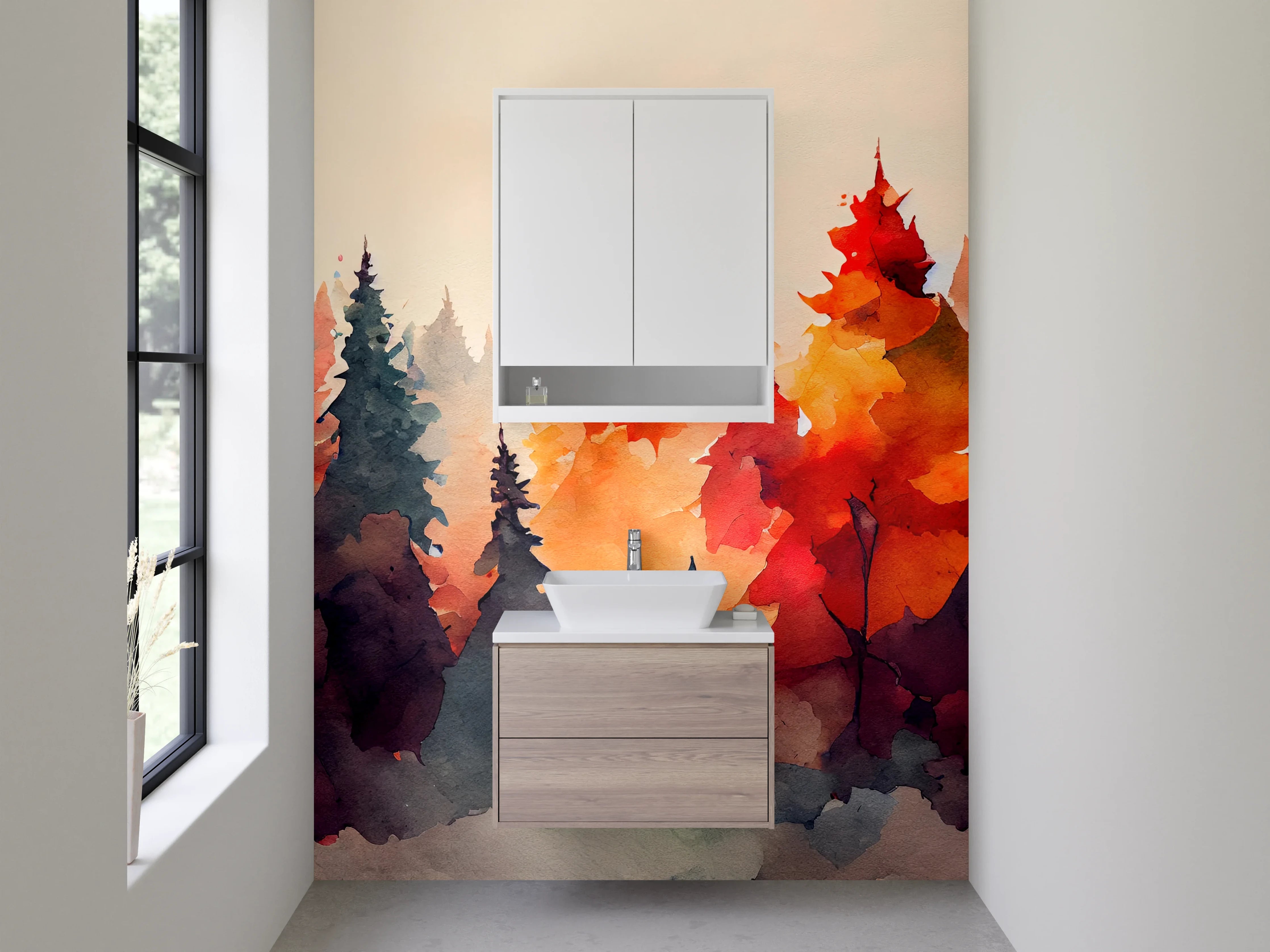 Waschbecken-Rückwand - Herbstliche Baumlandschaft Wasserfarben