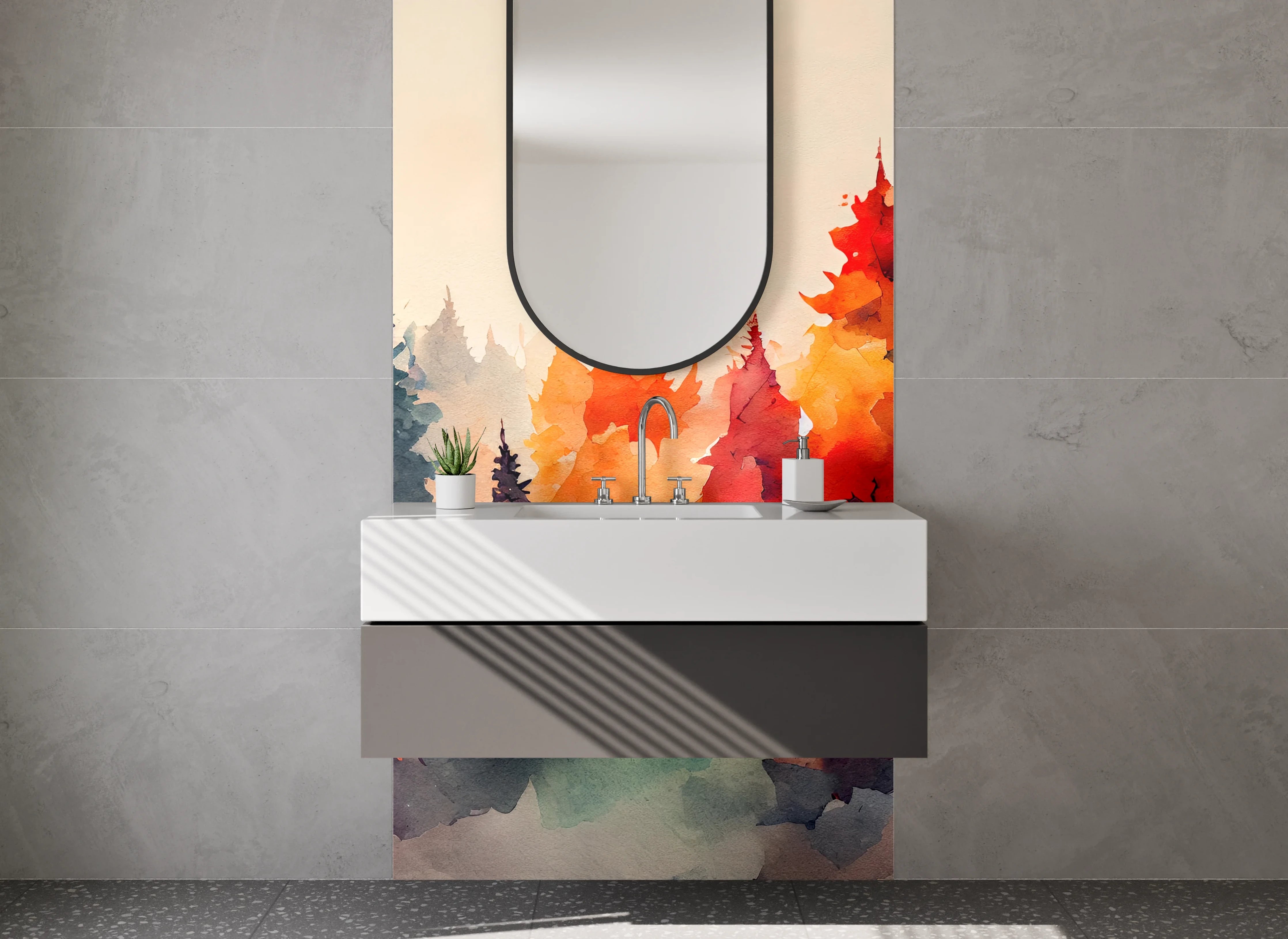 Waschbecken-Rückwand - Herbstliche Baumlandschaft Wasserfarben