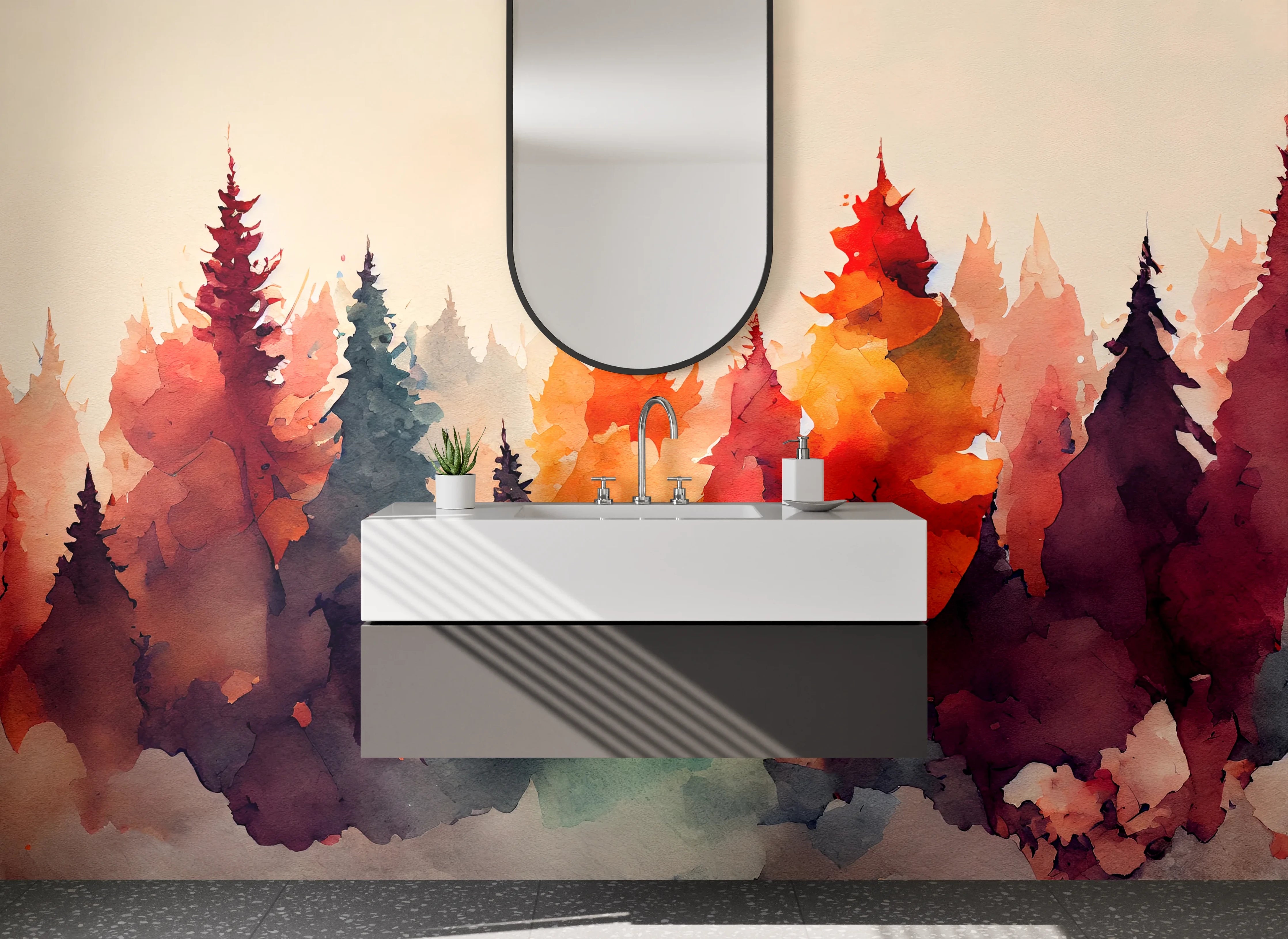 Waschbecken-Rückwand - Herbstliche Baumlandschaft Wasserfarben