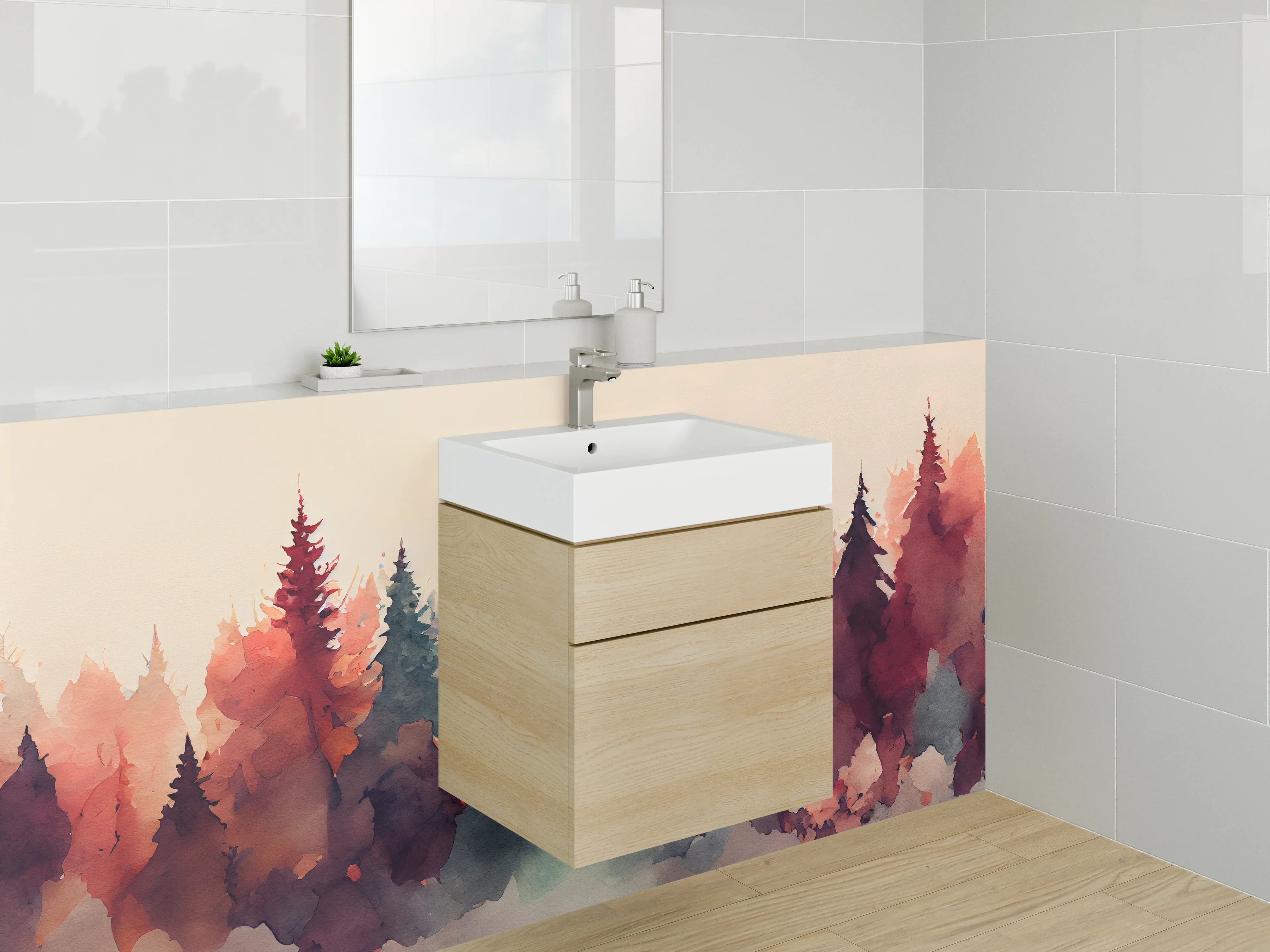 Waschbecken-Rückwand - Herbstliche Baumlandschaft Wasserfarben