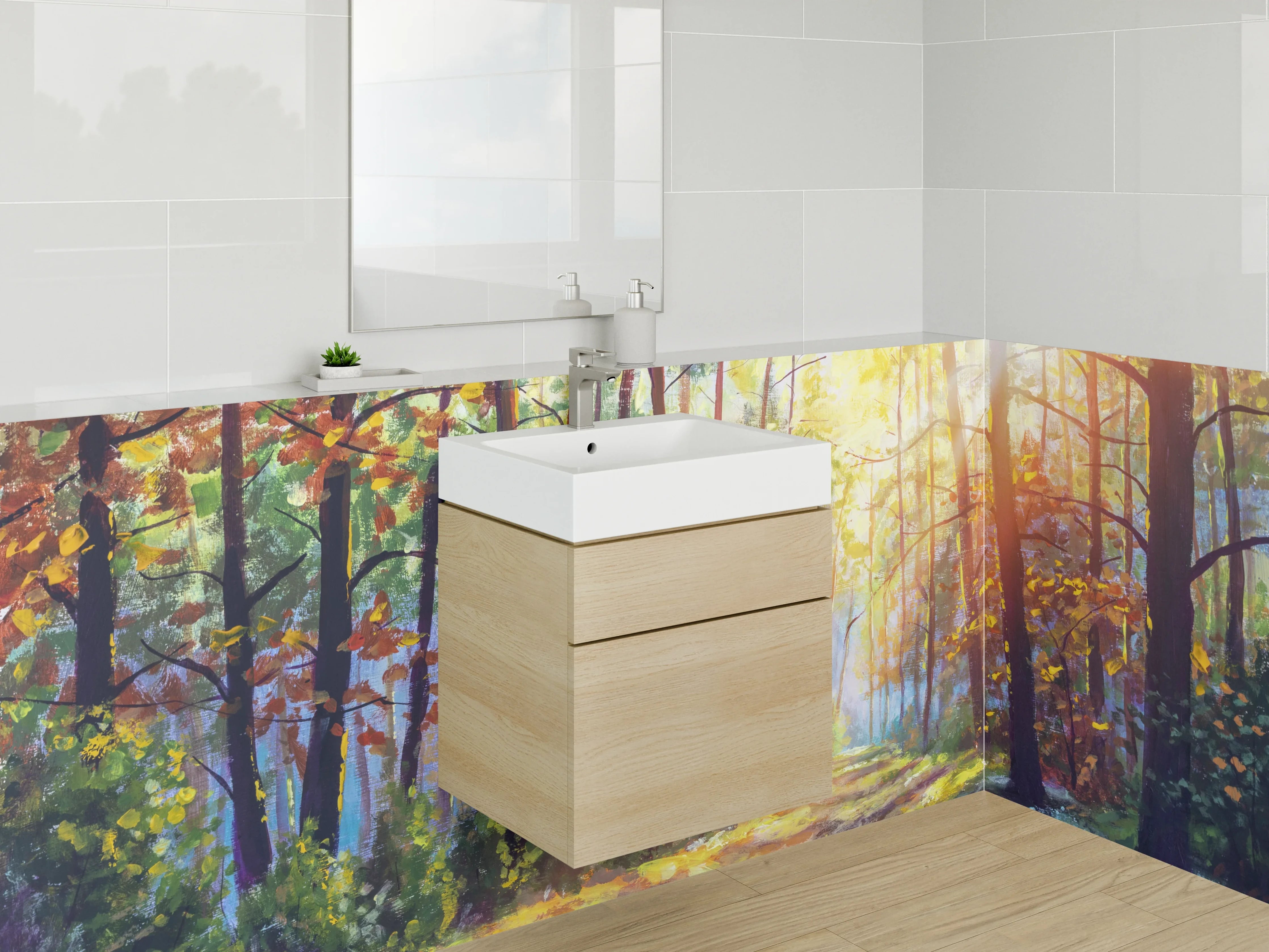 Waschbecken-Rückwand - Herbstlicher Sonnenwald Landschaft Gemälde