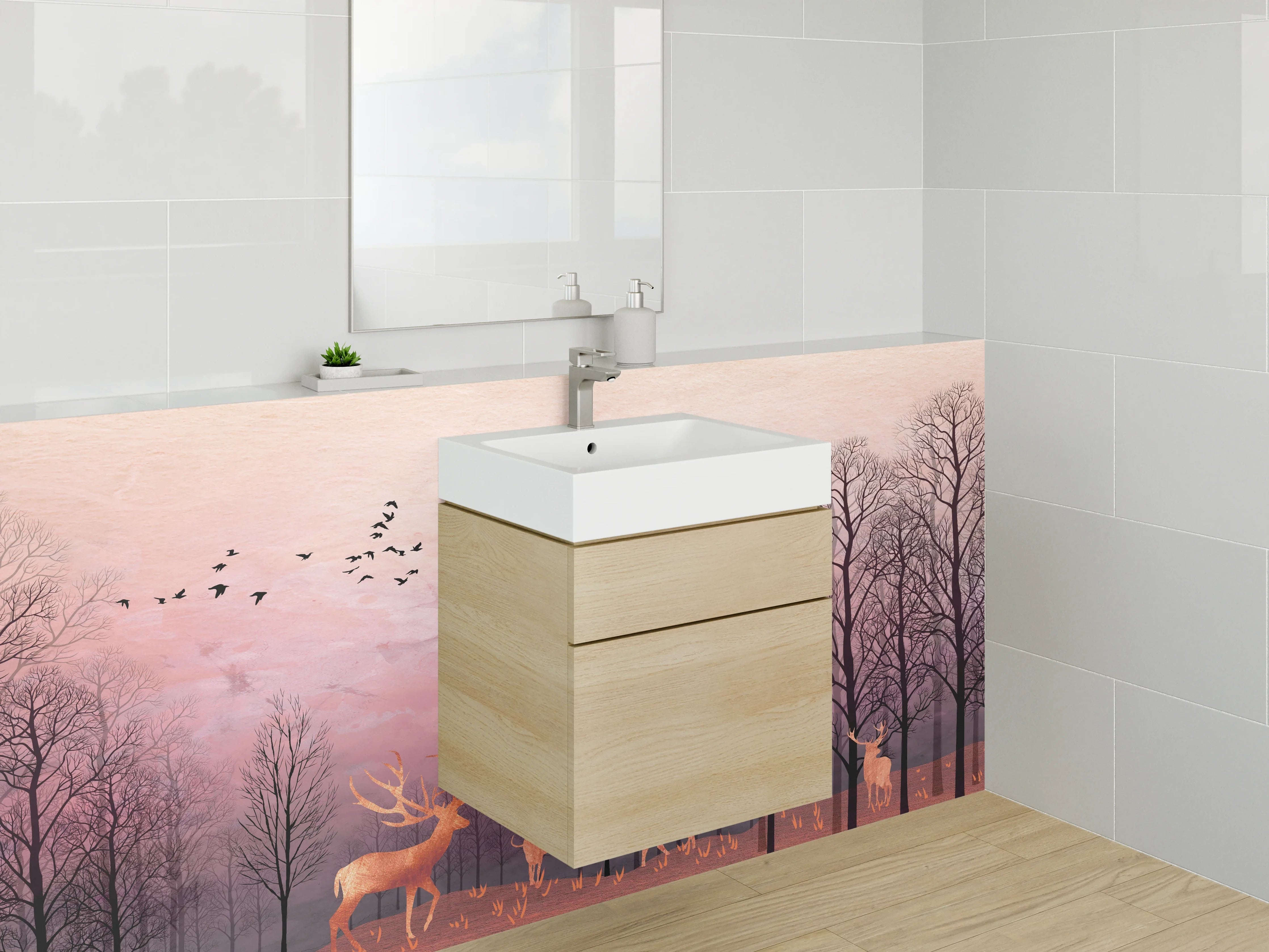 Waschbecken-Rückwand - Herbstlicher Wald mit Hirschen und Sonne