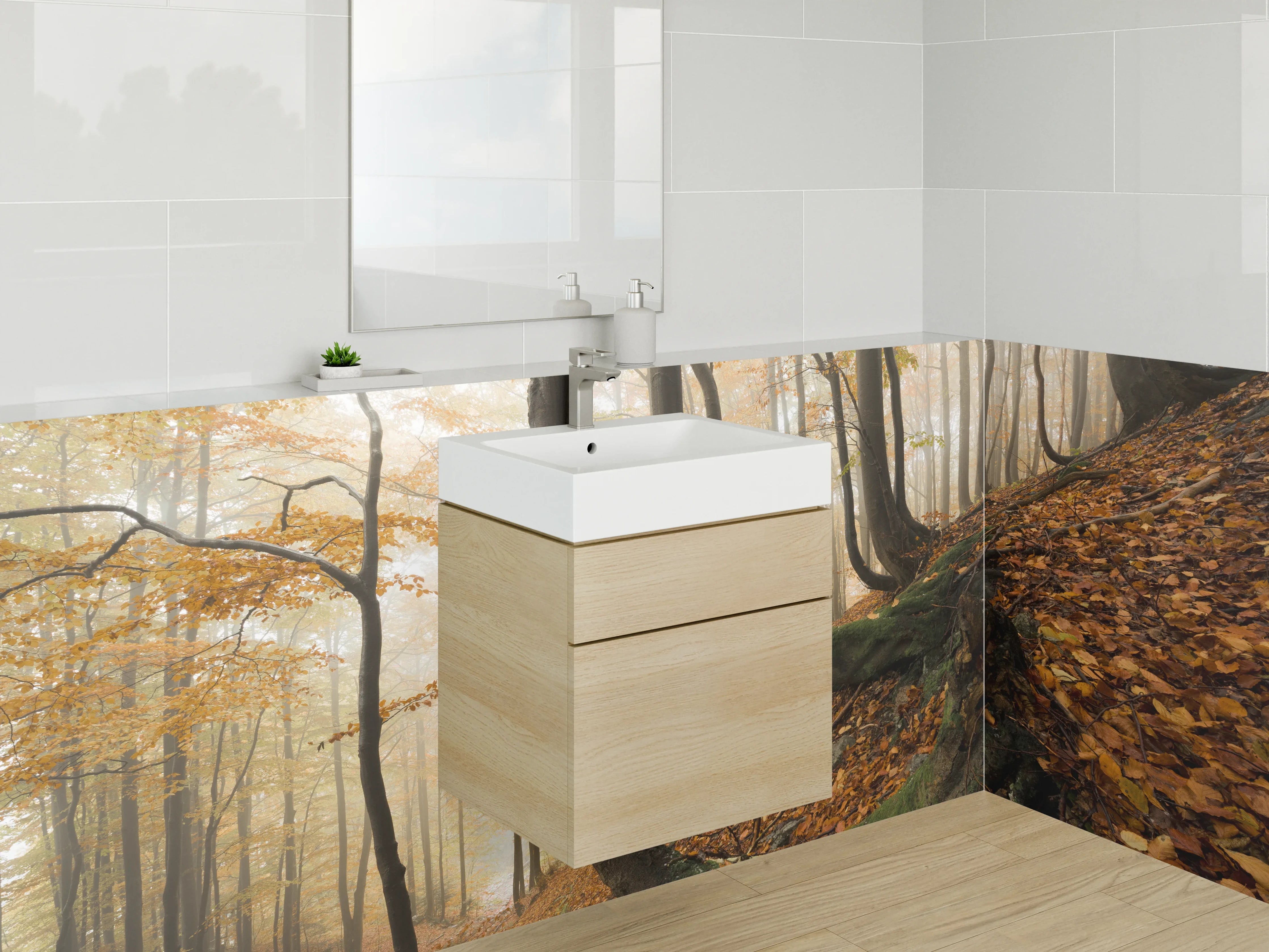 Waschbecken-Rückwand - Herbstlicher Wald mit buntem Laub