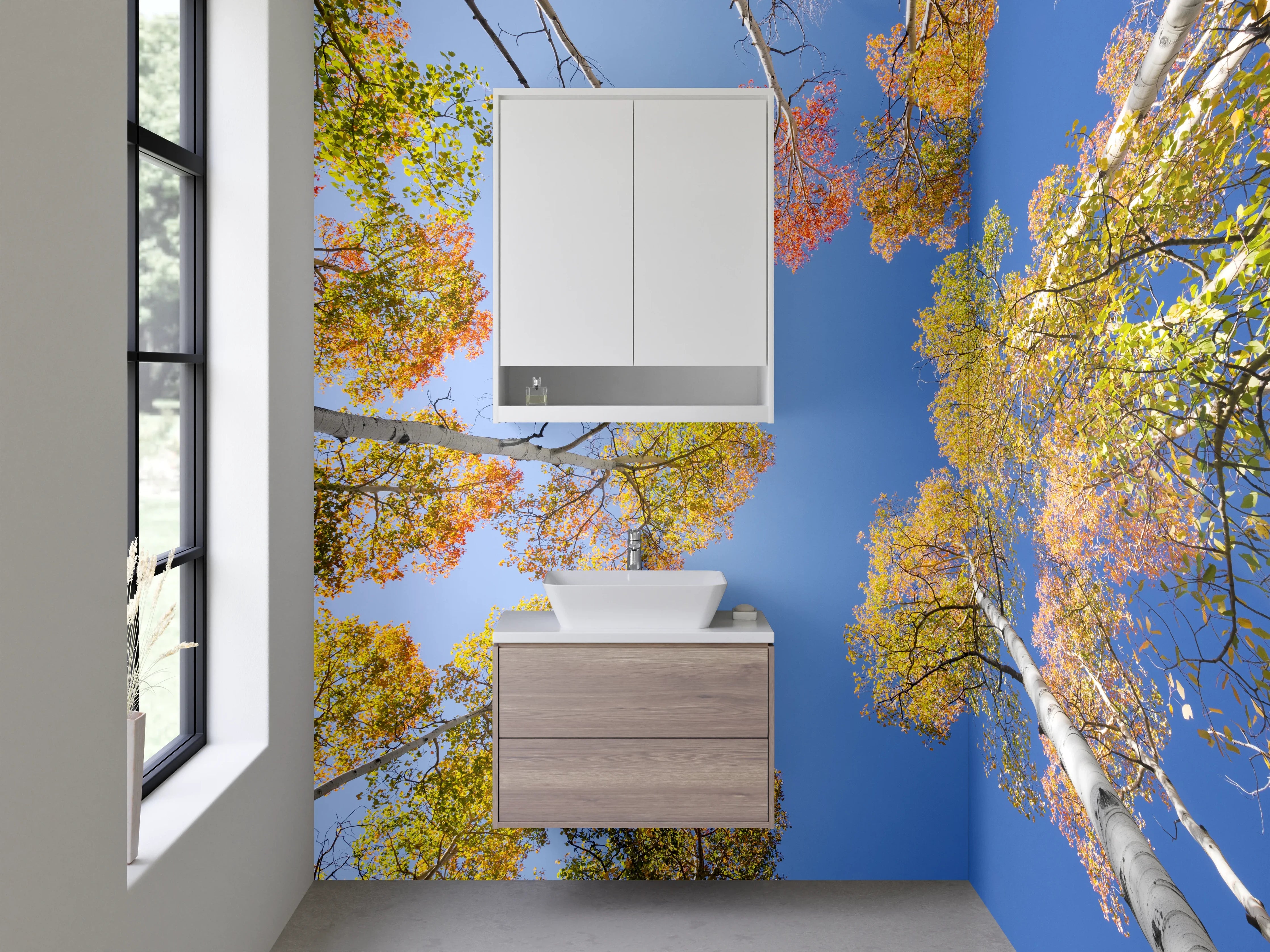 Waschbecken-Rückwand - Herbstlicher Wald und blauer Himmel