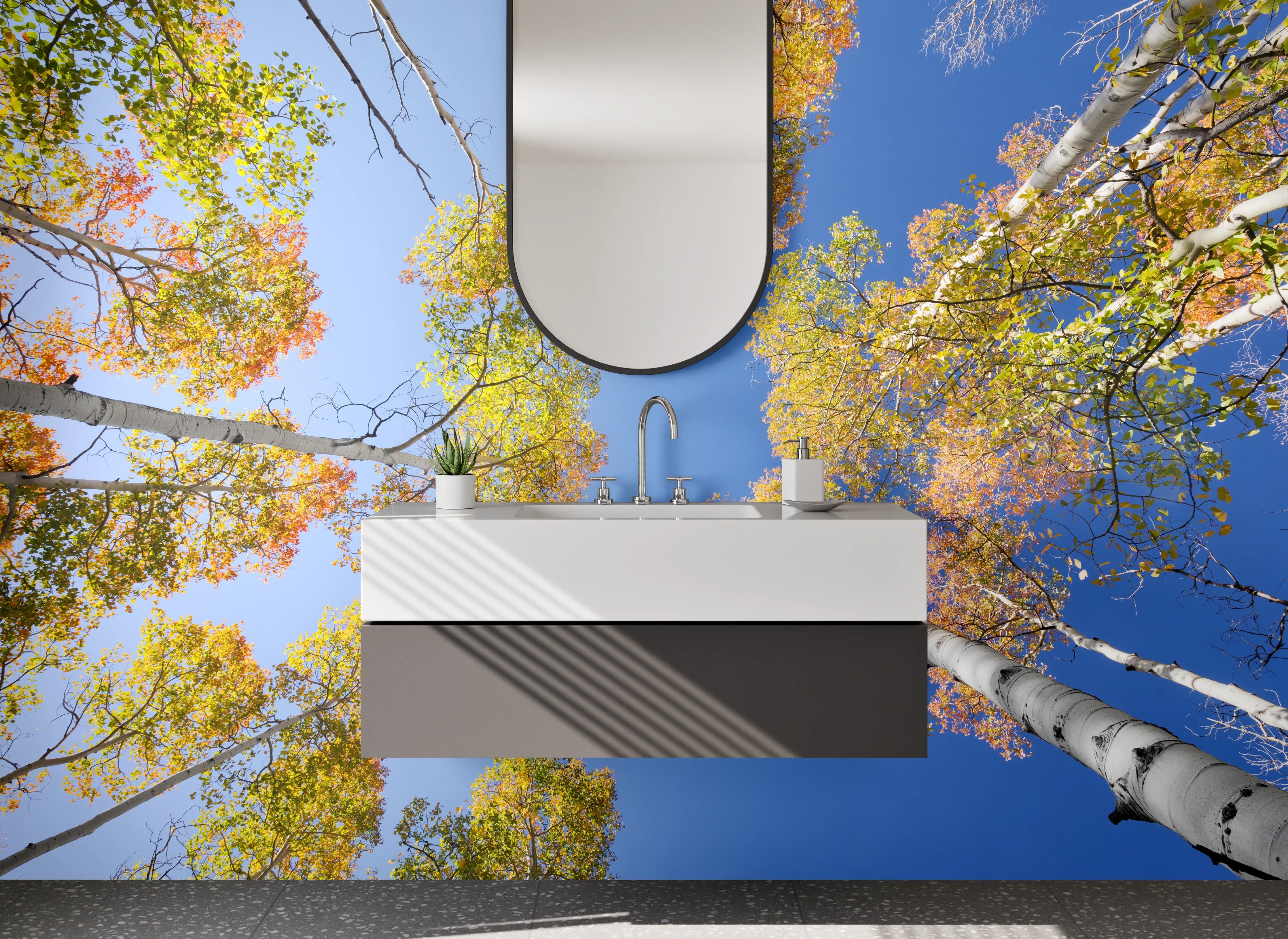 Waschbecken-Rückwand - Herbstlicher Wald und blauer Himmel
