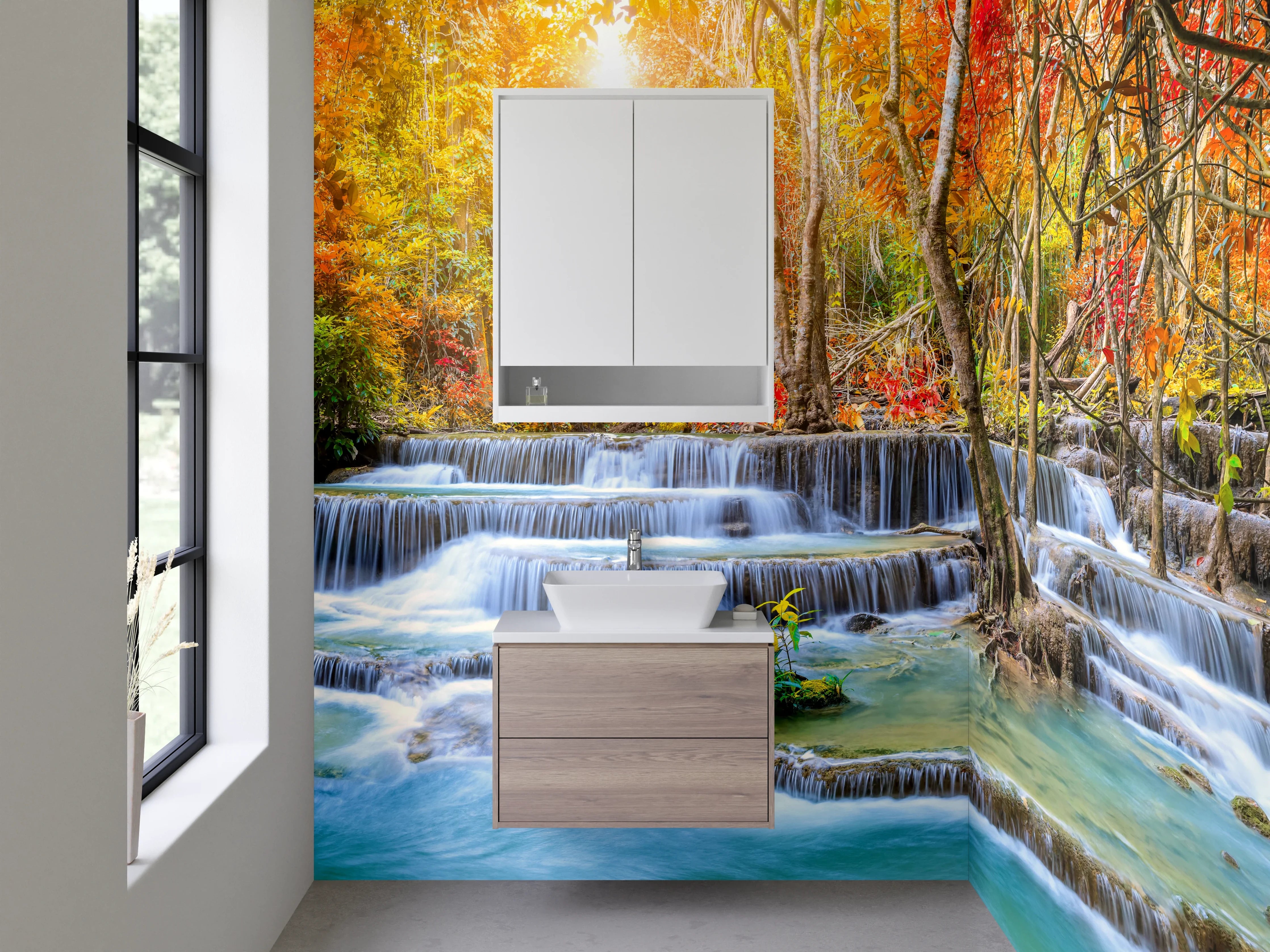 Waschbecken-Rückwand - Herbstlicher Wasserfall im Zauberwald