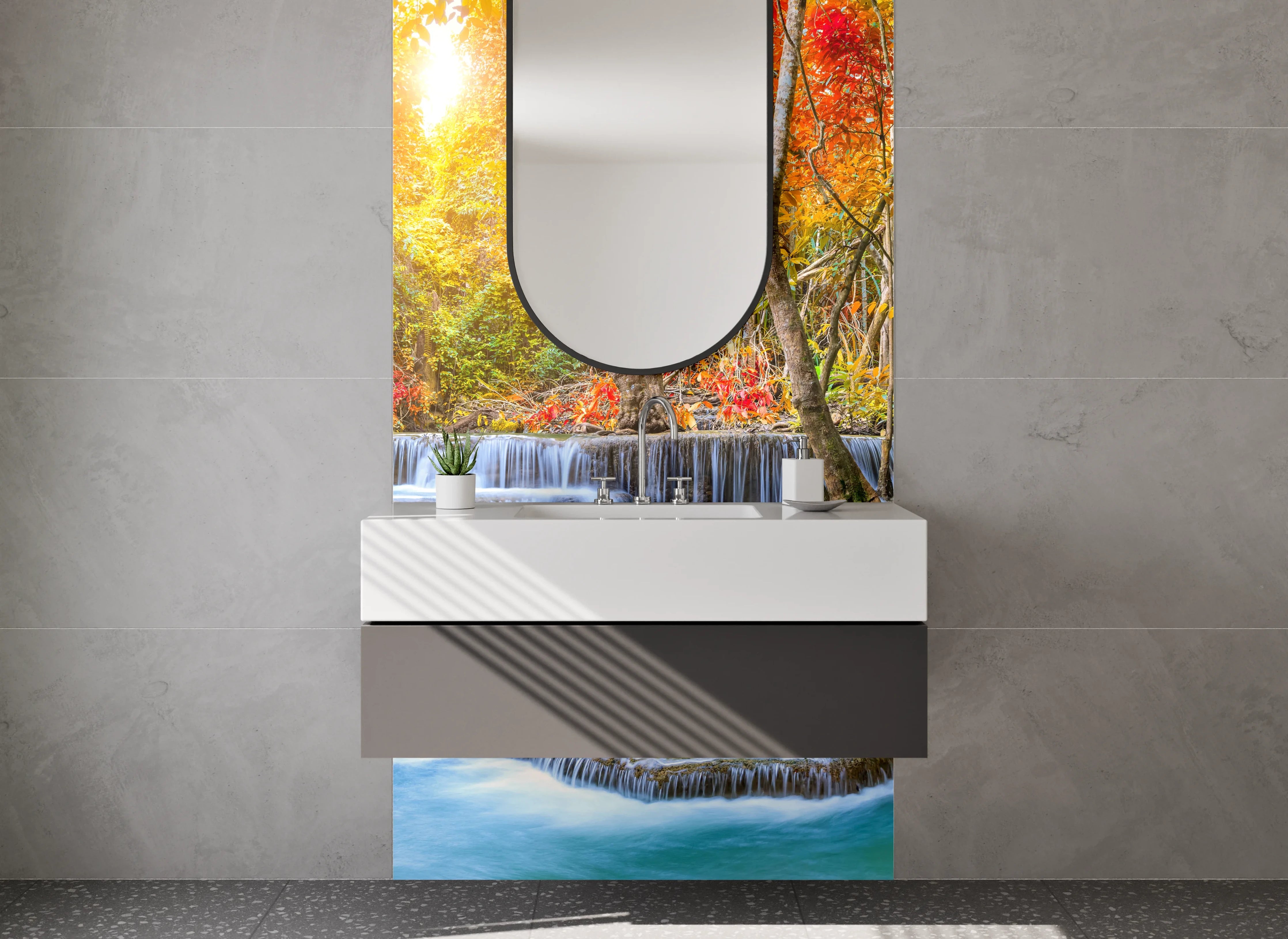 Waschbecken-Rückwand - Herbstlicher Wasserfall im Zauberwald