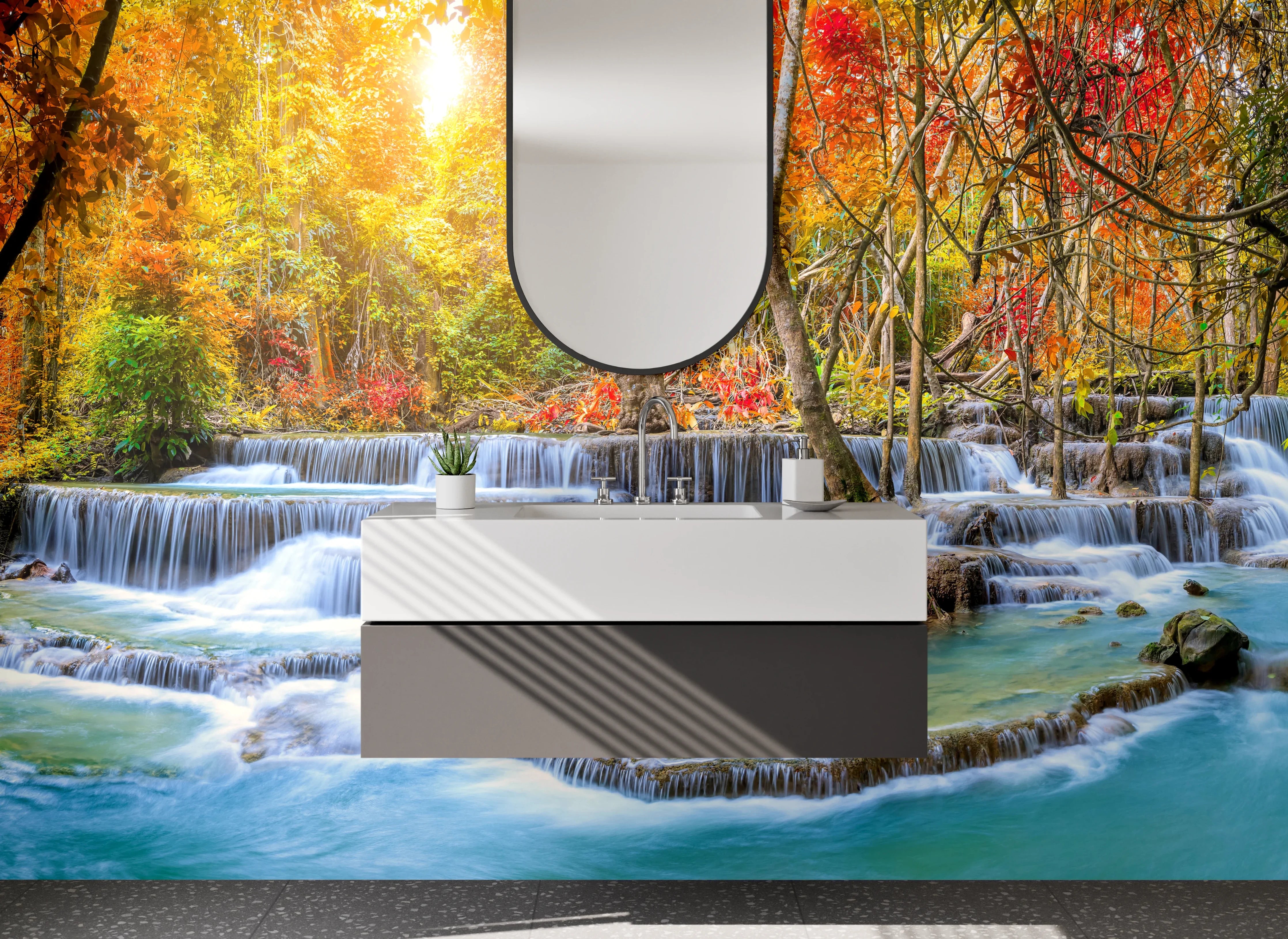 Waschbecken-Rückwand - Herbstlicher Wasserfall im Zauberwald