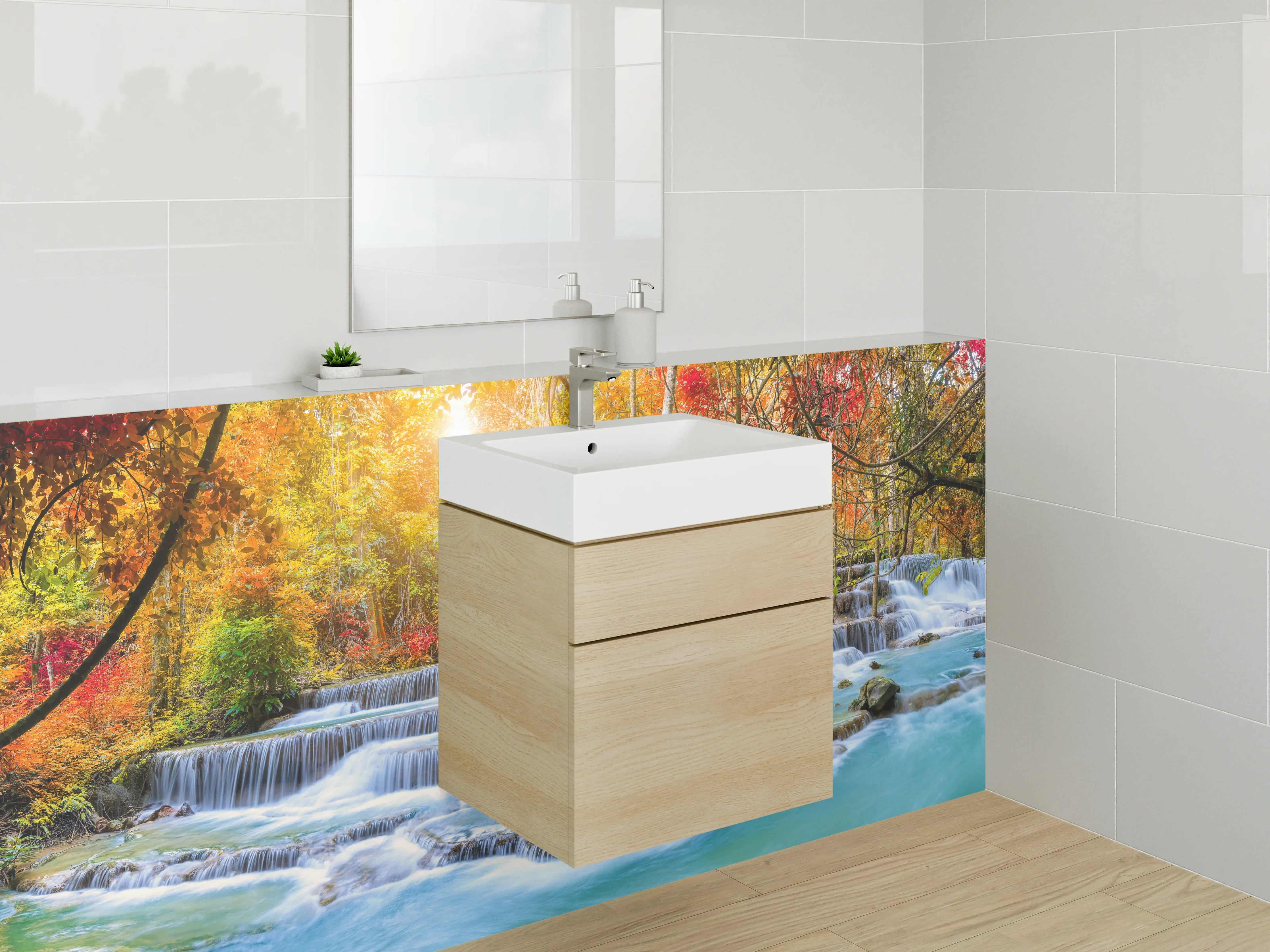 Waschbecken-Rückwand - Herbstlicher Wasserfall im Zauberwald