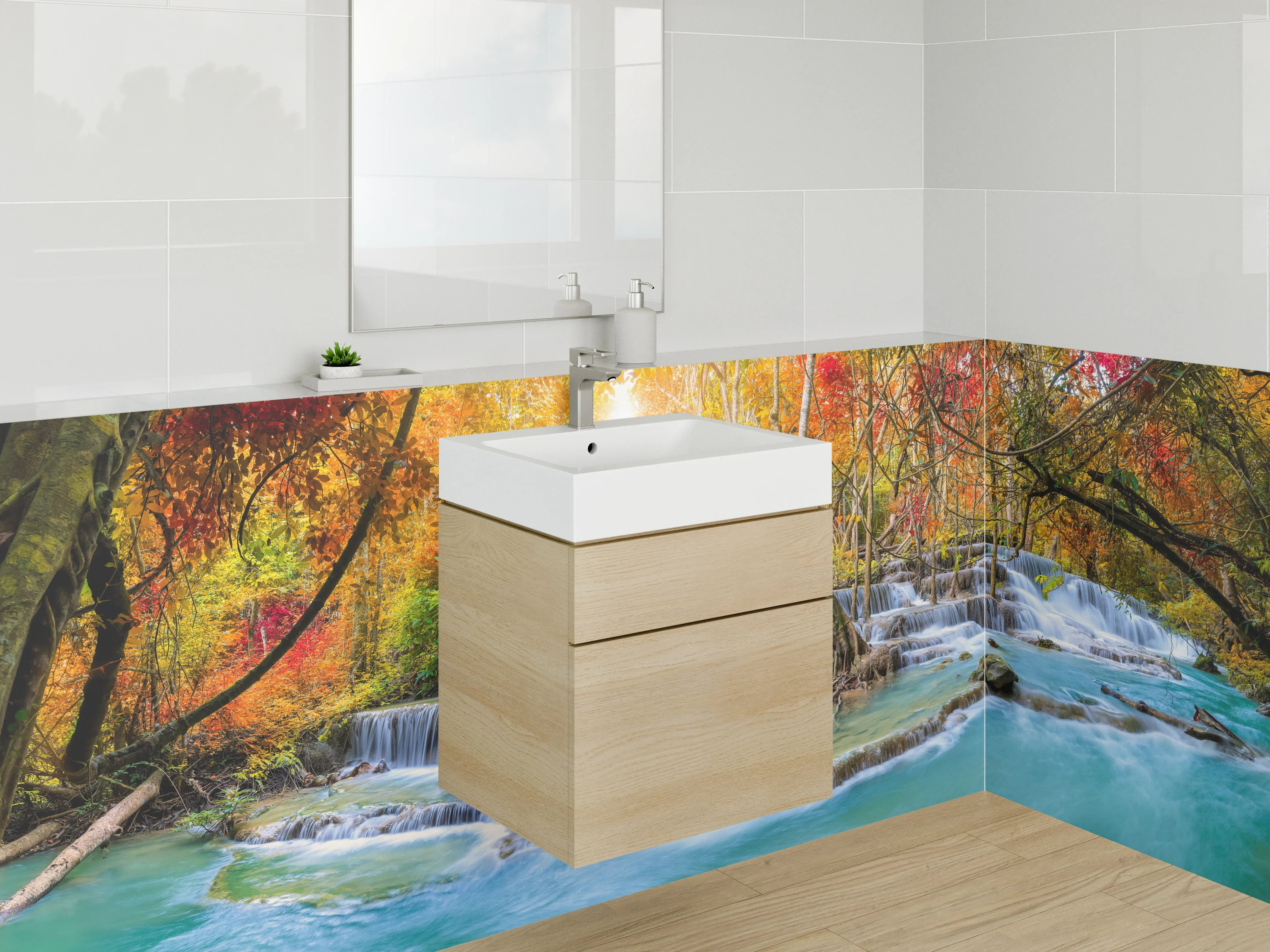 Waschbecken-Rückwand - Herbstlicher Wasserfall im Zauberwald