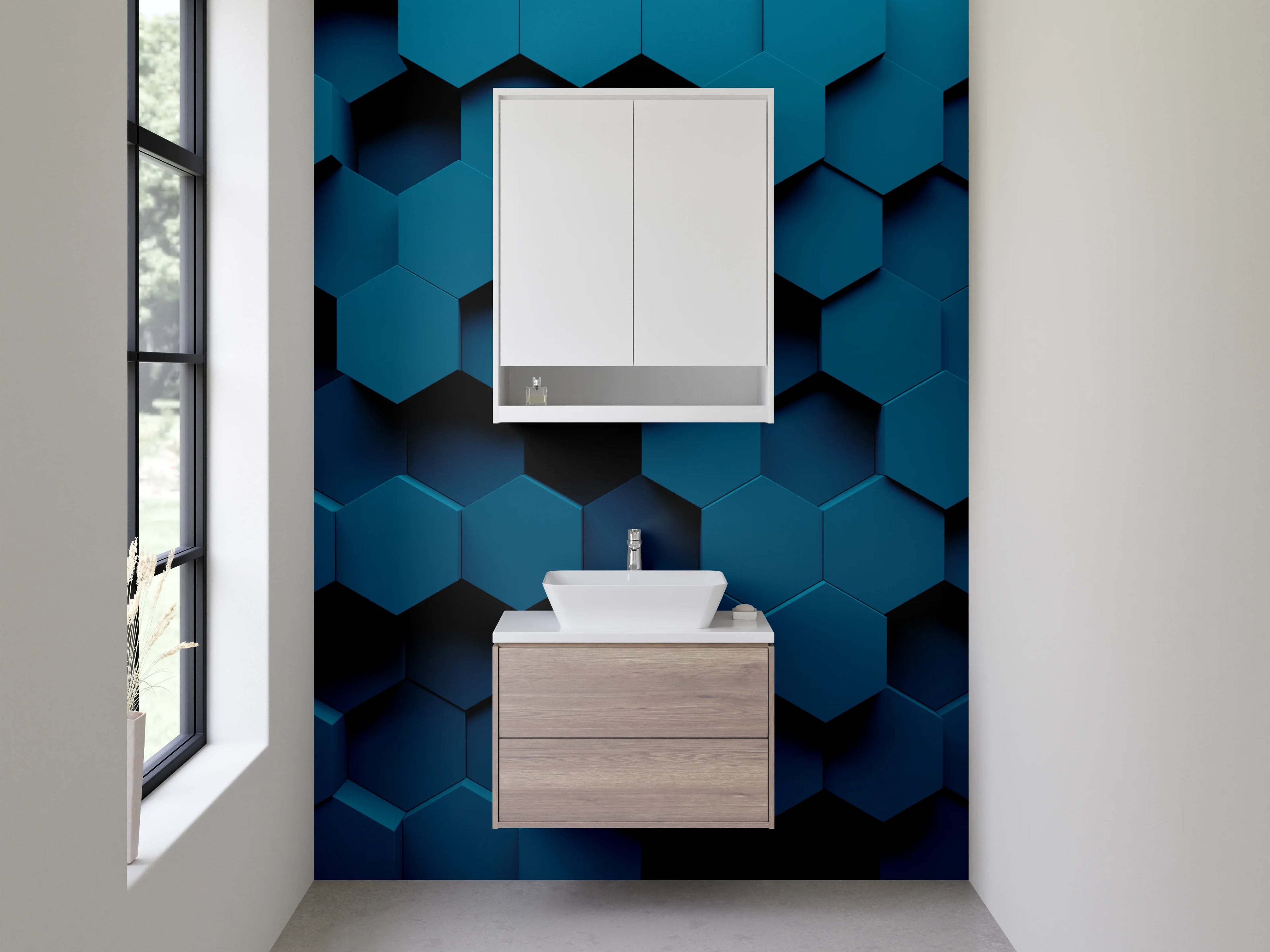 Waschbecken-Rückwand - Hexagon 3D Blau Design