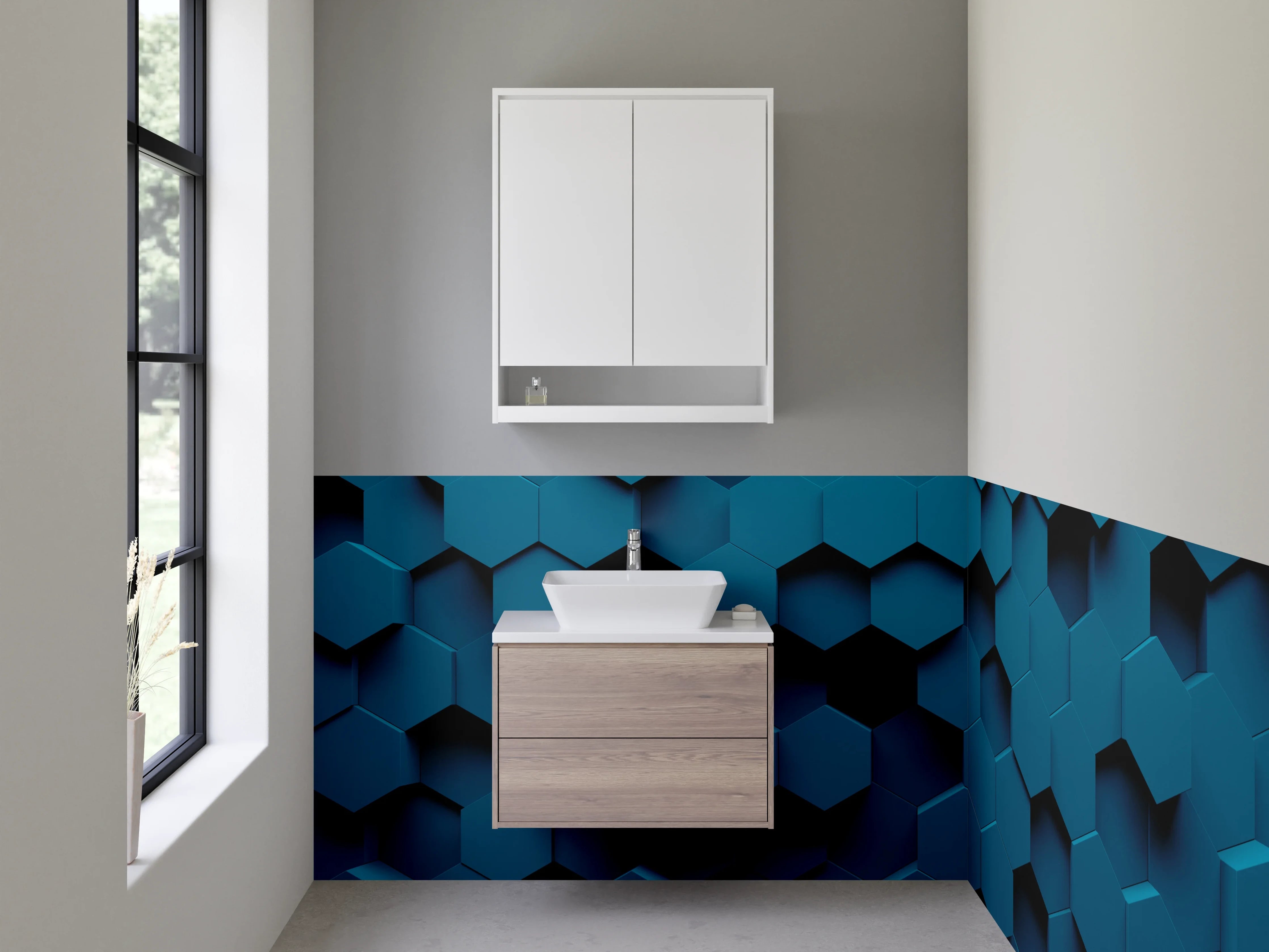 Waschbecken-Rückwand - Hexagon 3D Blau Design