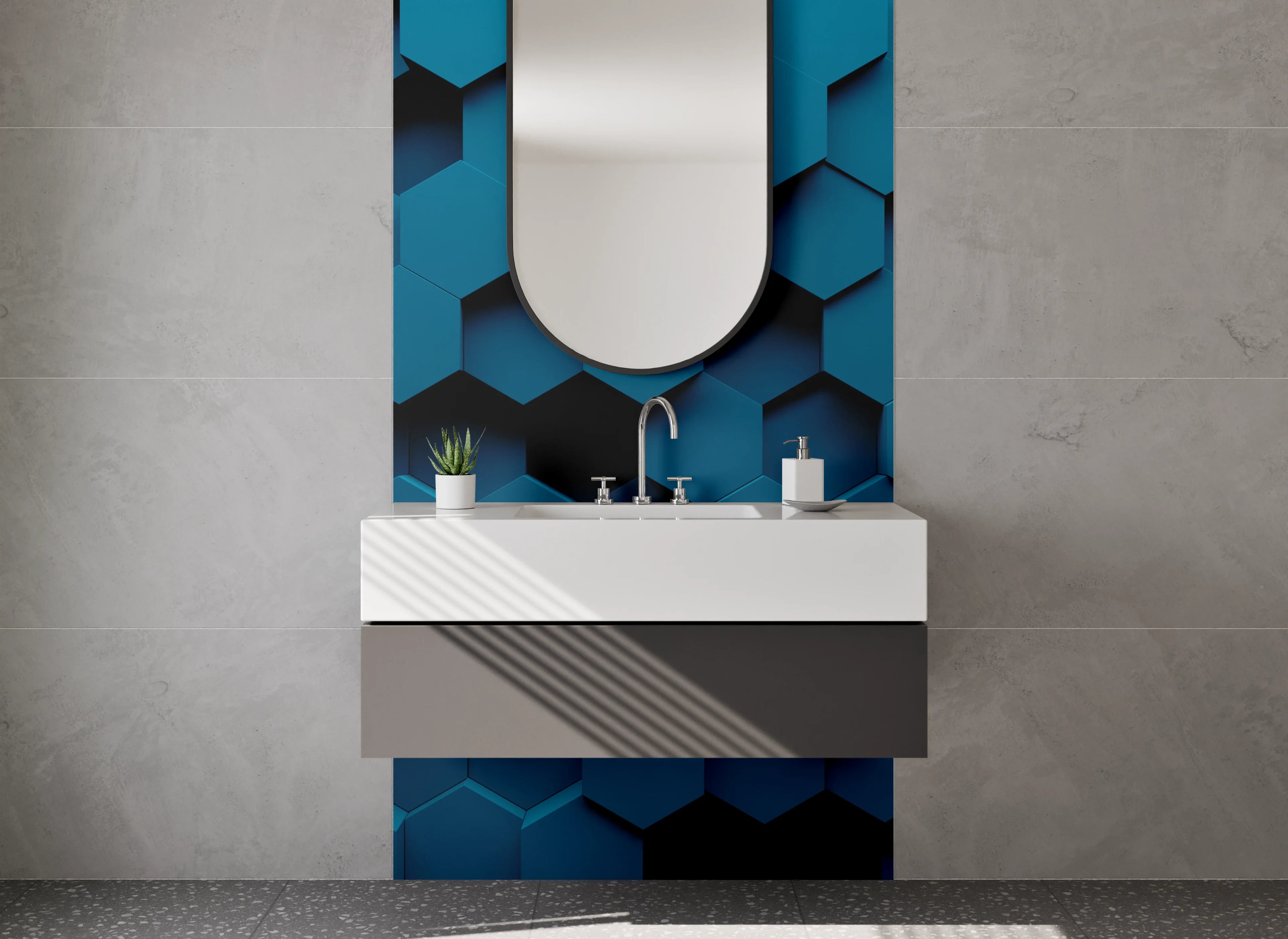 Waschbecken-Rückwand - Hexagon 3D Blau Design