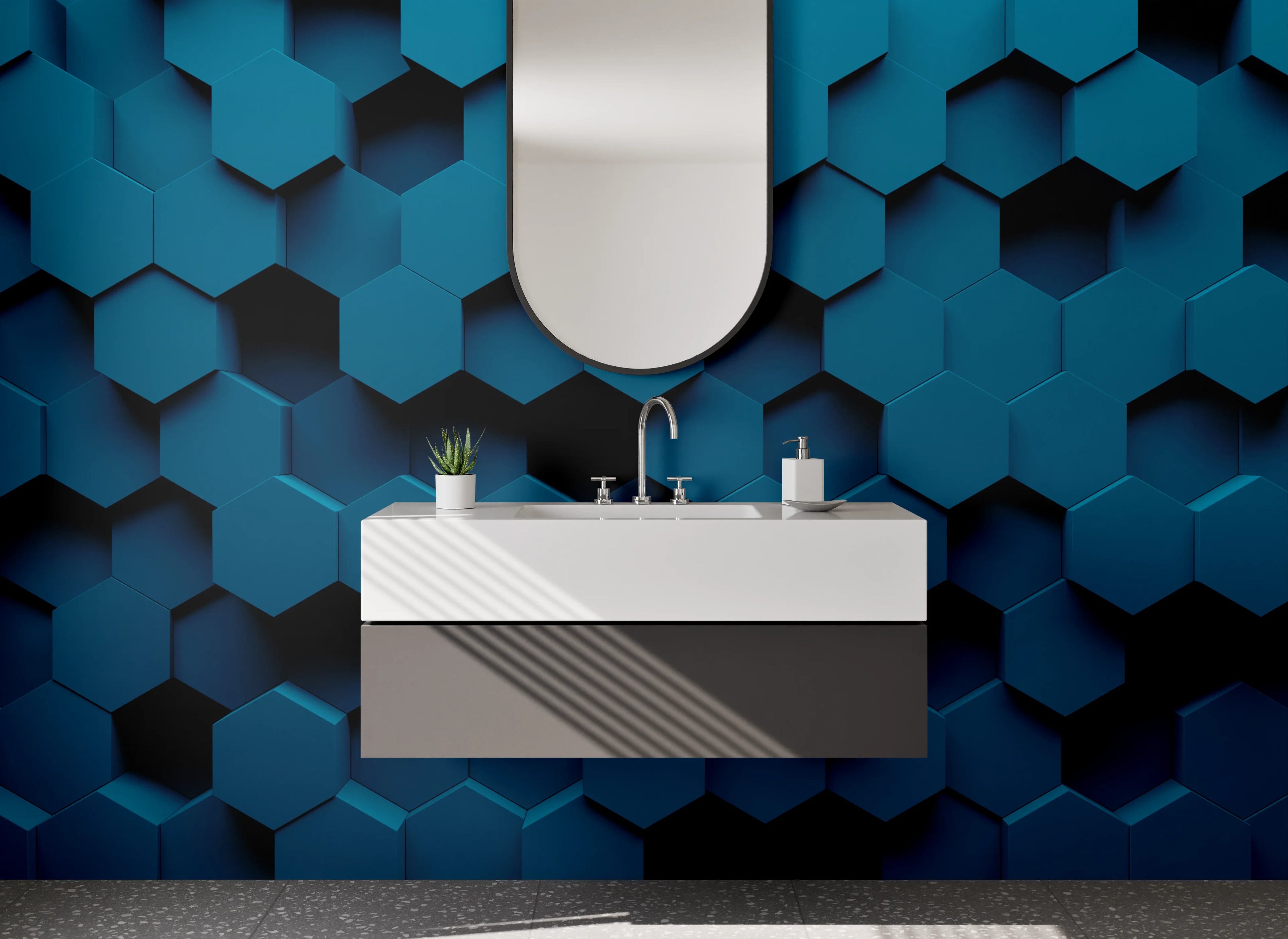 Waschbecken-Rückwand - Hexagon 3D Blau Design