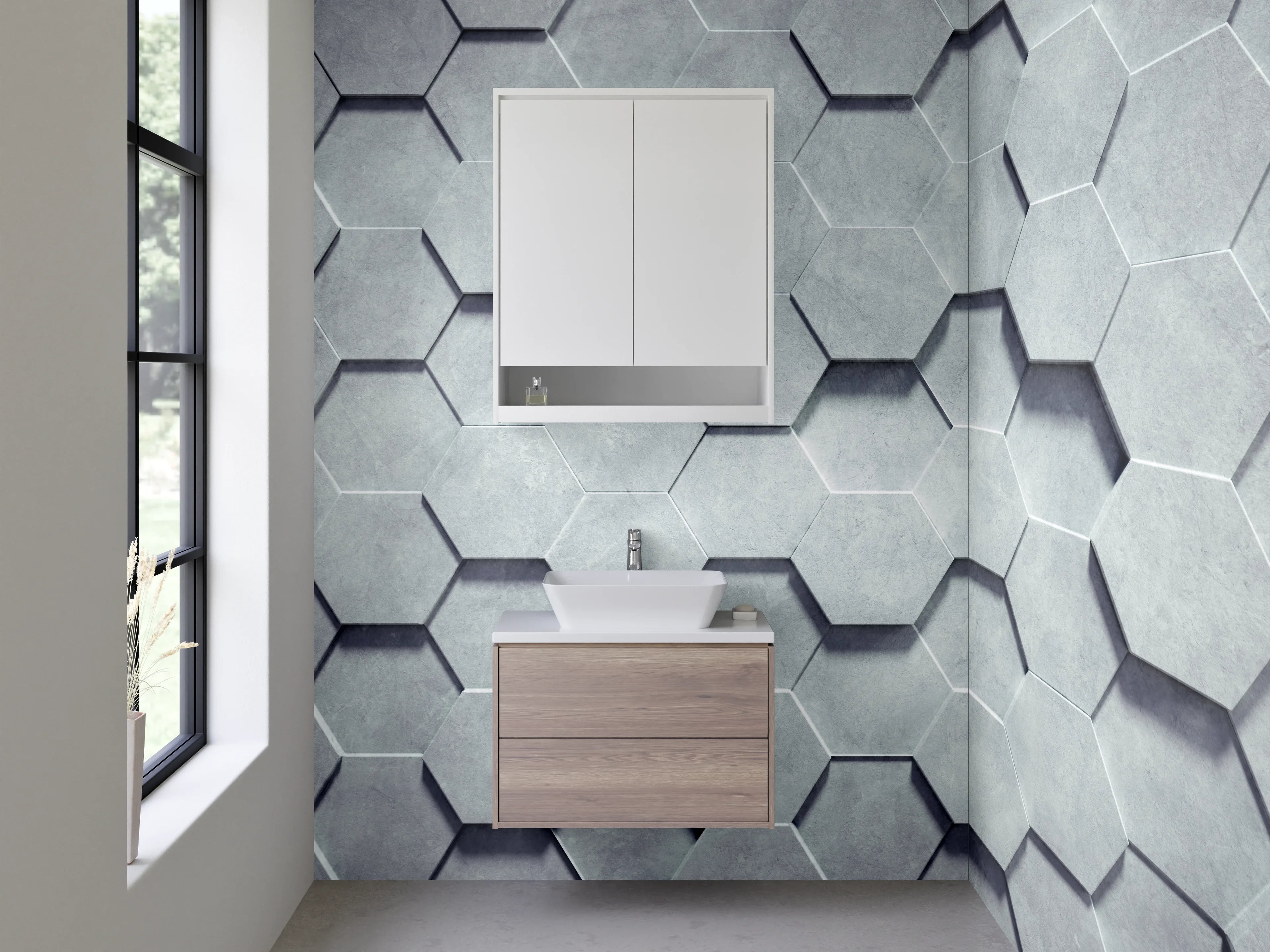 Waschbecken-Rückwand - Hexagon 3D Muster Weiß Grau