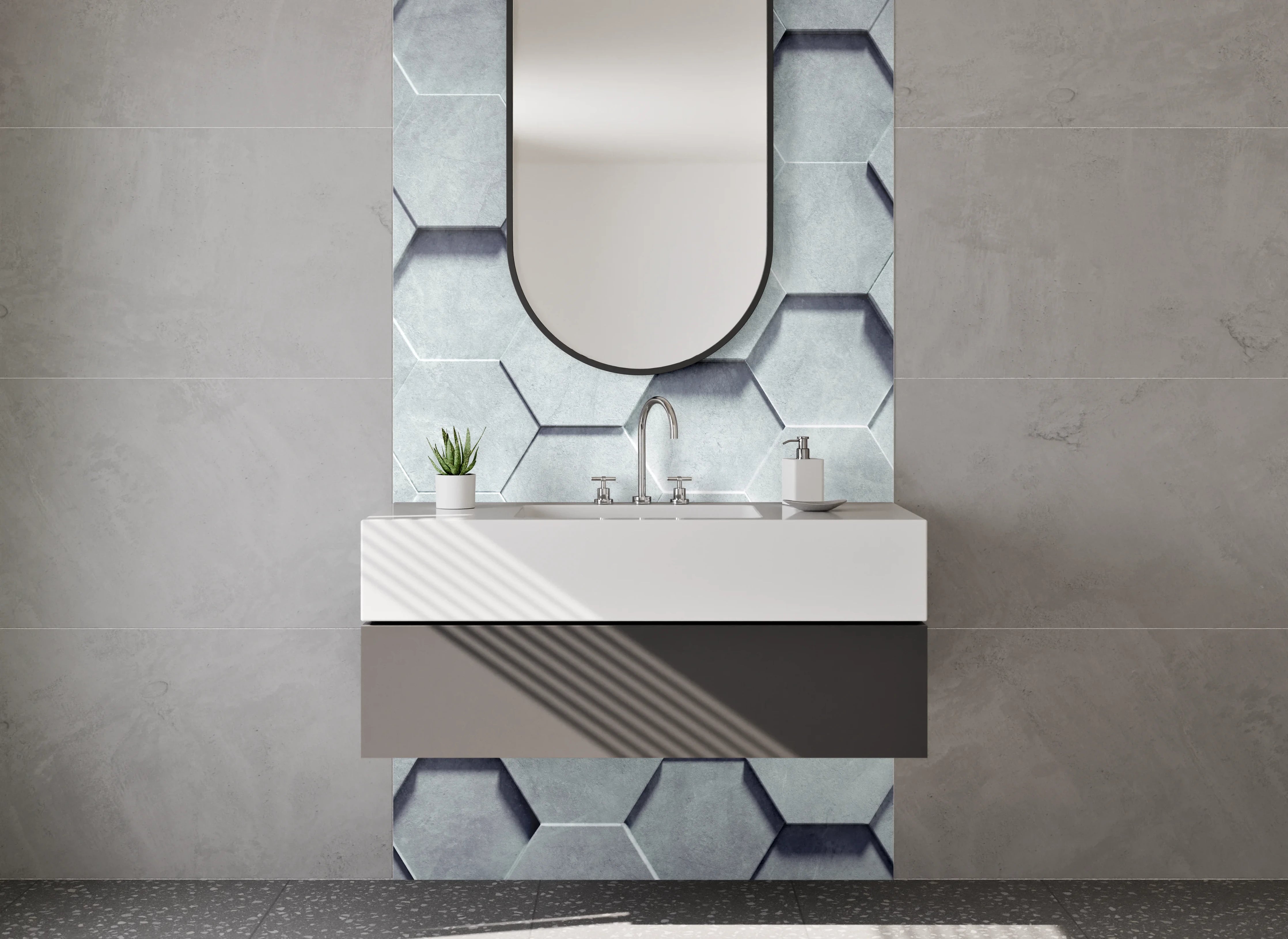 Waschbecken-Rückwand - Hexagon 3D Muster Weiß Grau