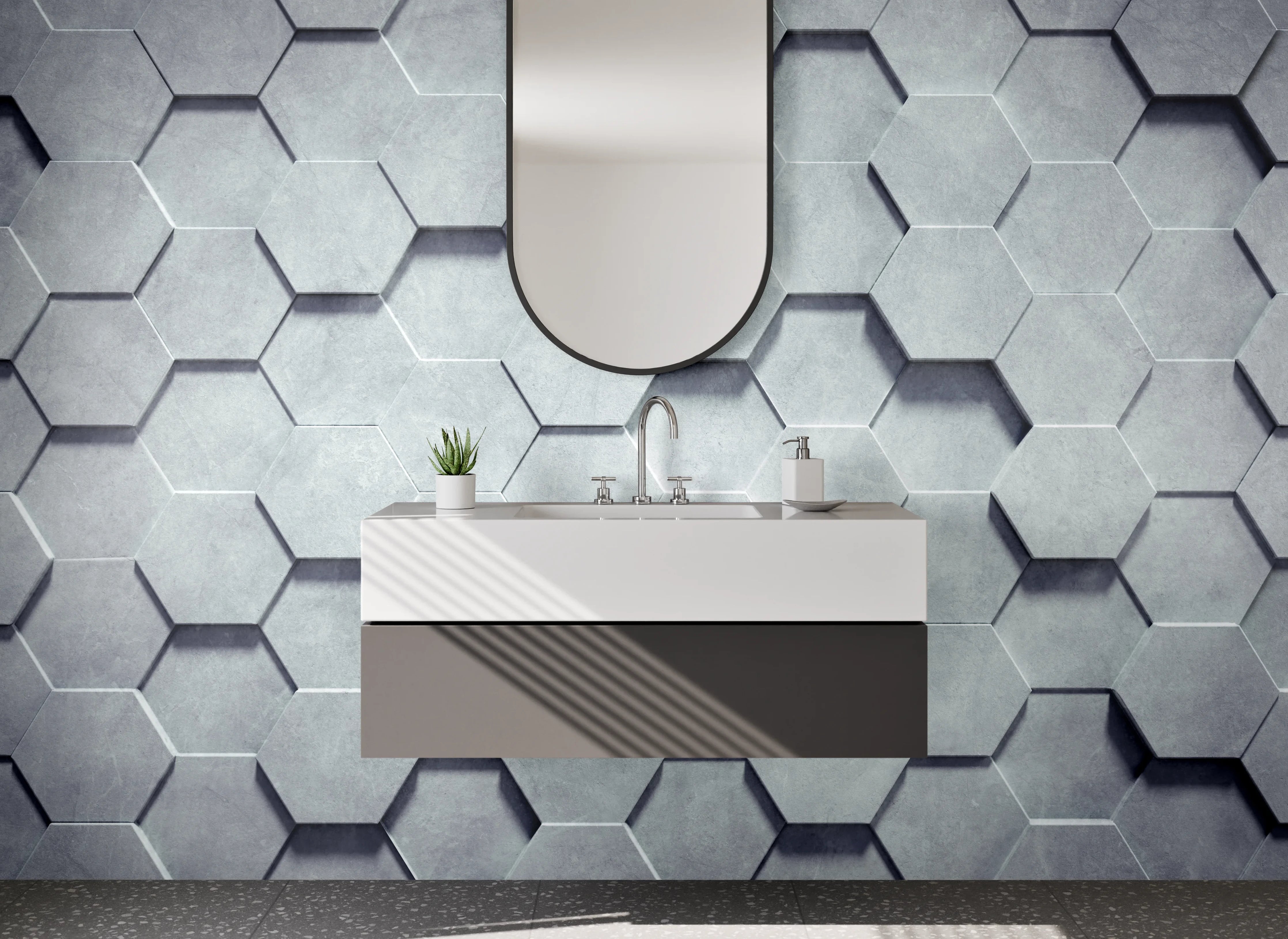 Waschbecken-Rückwand - Hexagon 3D Muster Weiß Grau