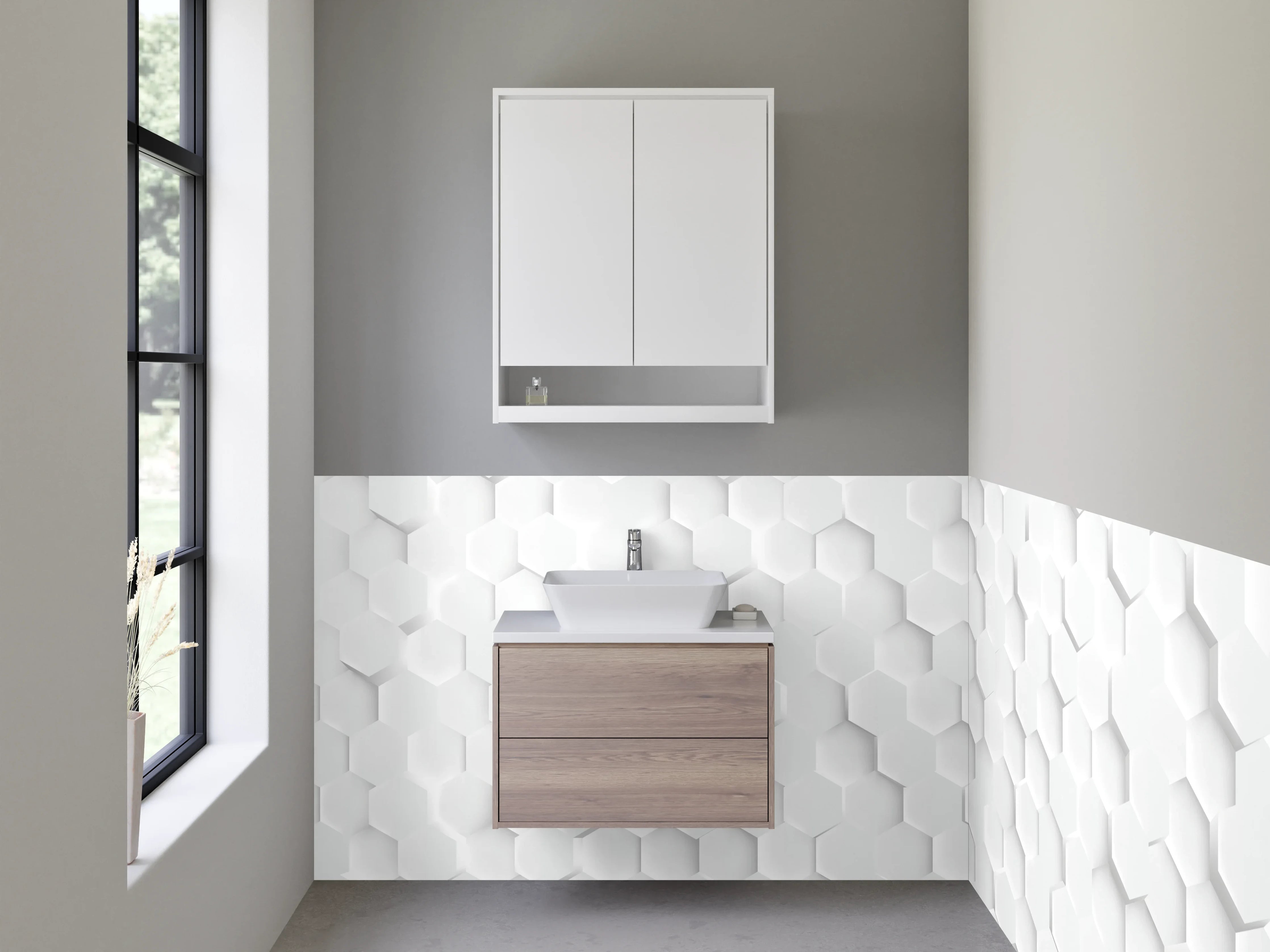 Waschbecken-Rückwand - Hexagon 3D Struktur in Weiß und Grau