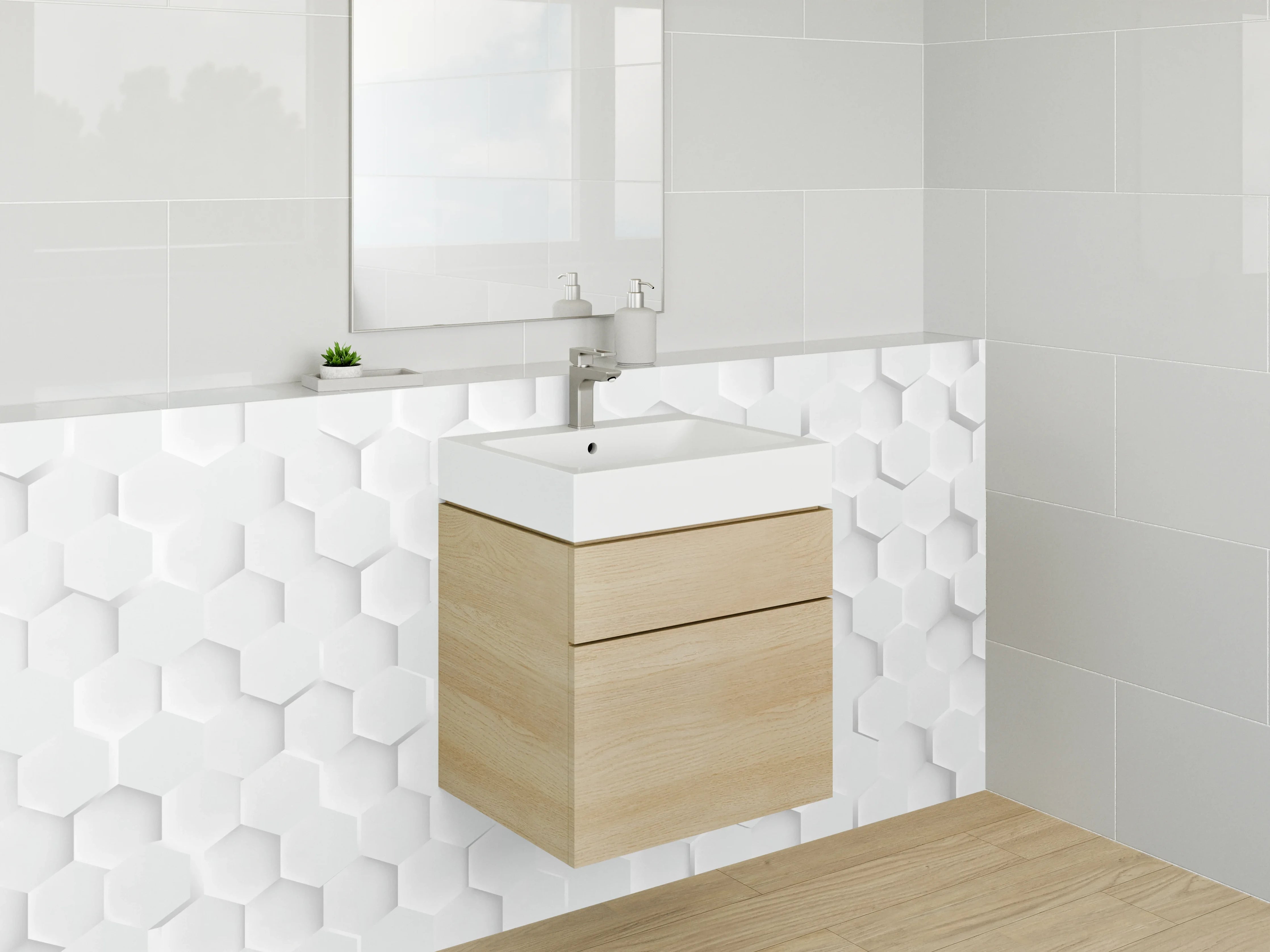 Waschbecken-Rückwand - Hexagon 3D Struktur in Weiß und Grau