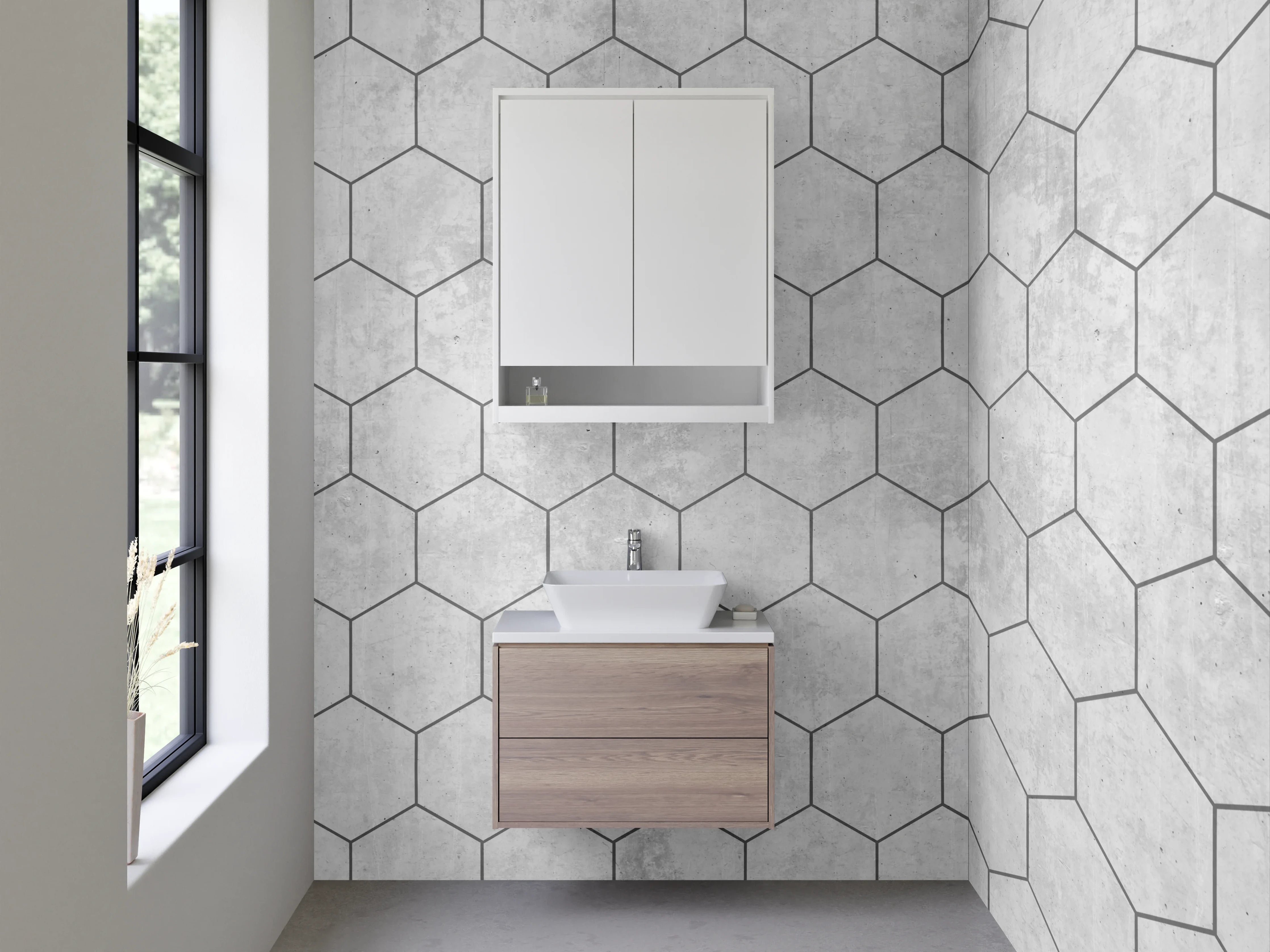 Waschbecken-Rückwand - Hexagon Betonoptik Weiß-Grau