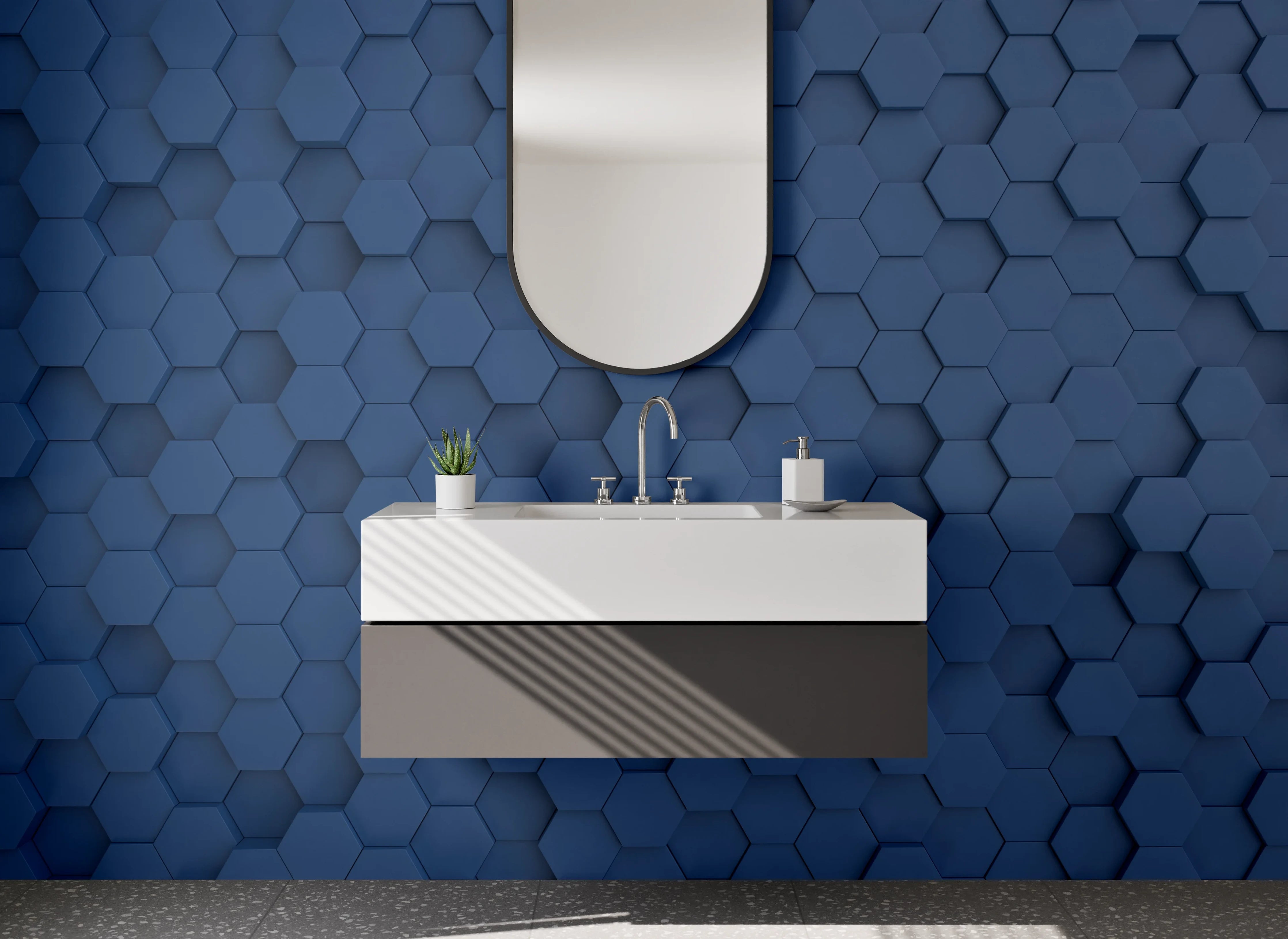 Waschbecken-Rückwand - Hexagon Blauer 3D-Mosaik-Look