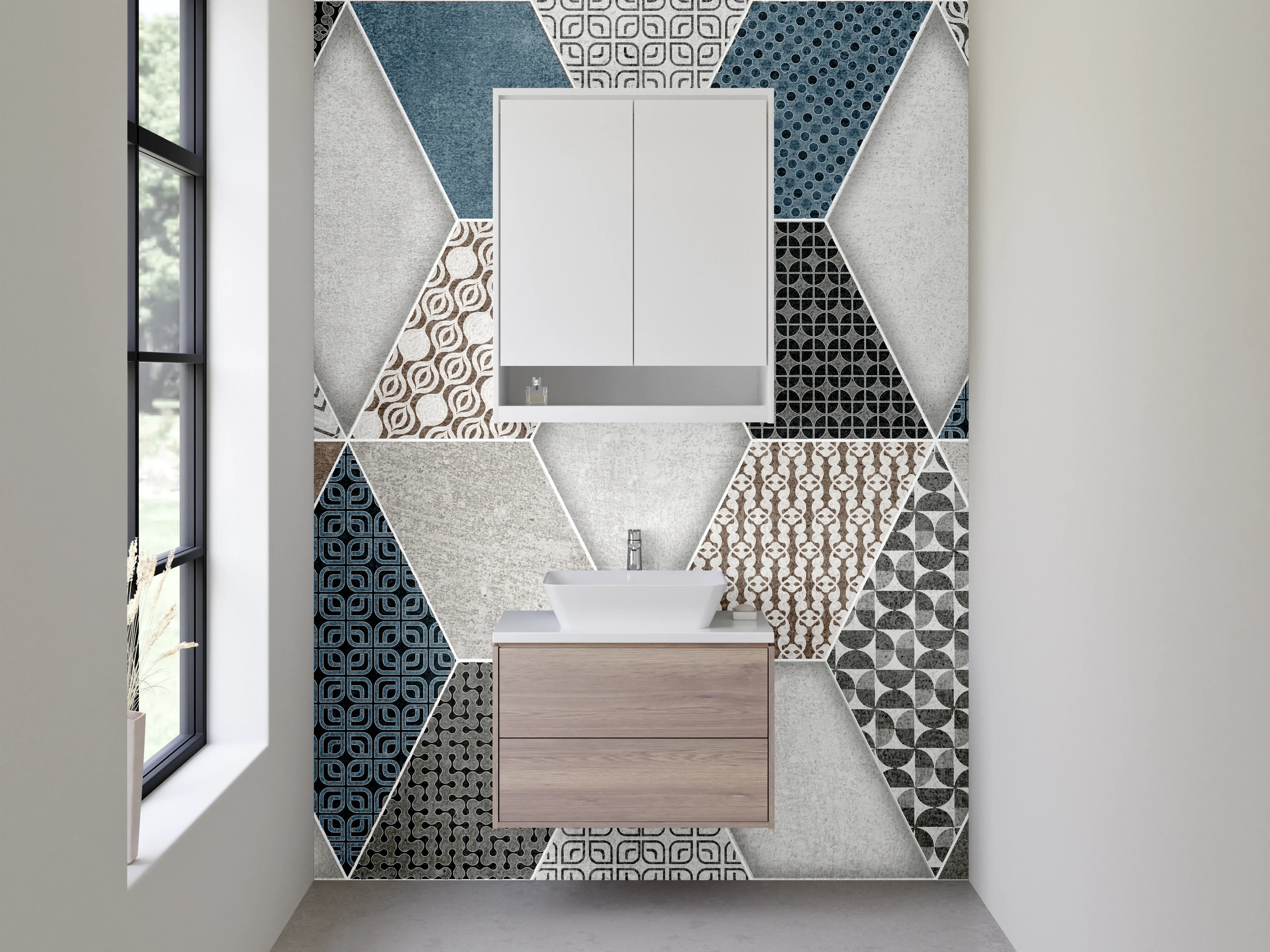Waschbecken-Rückwand - Hexagon Fliesenmuster Blau Grau Braun