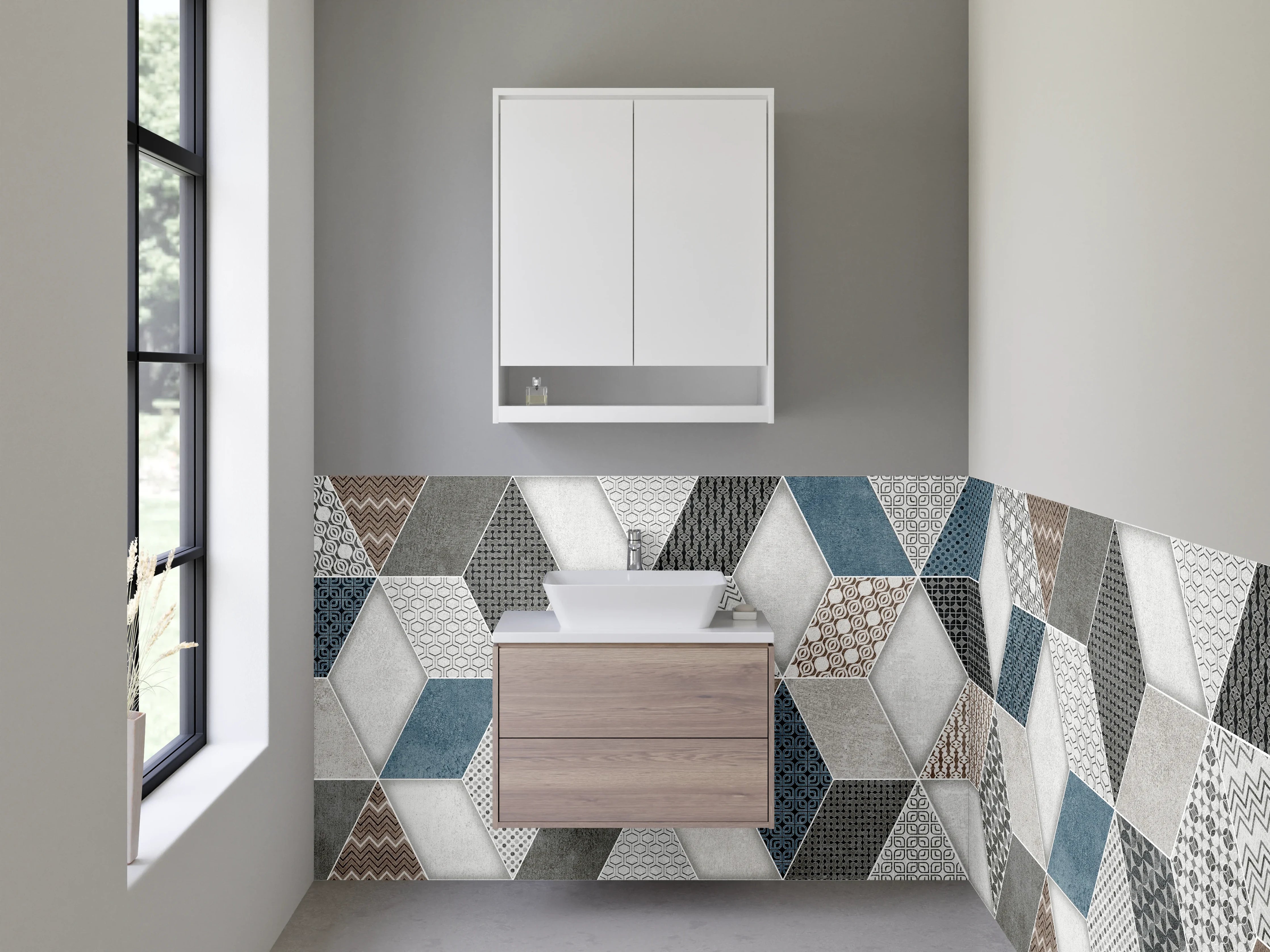 Waschbecken-Rückwand - Hexagon Fliesenmuster Blau Grau Braun